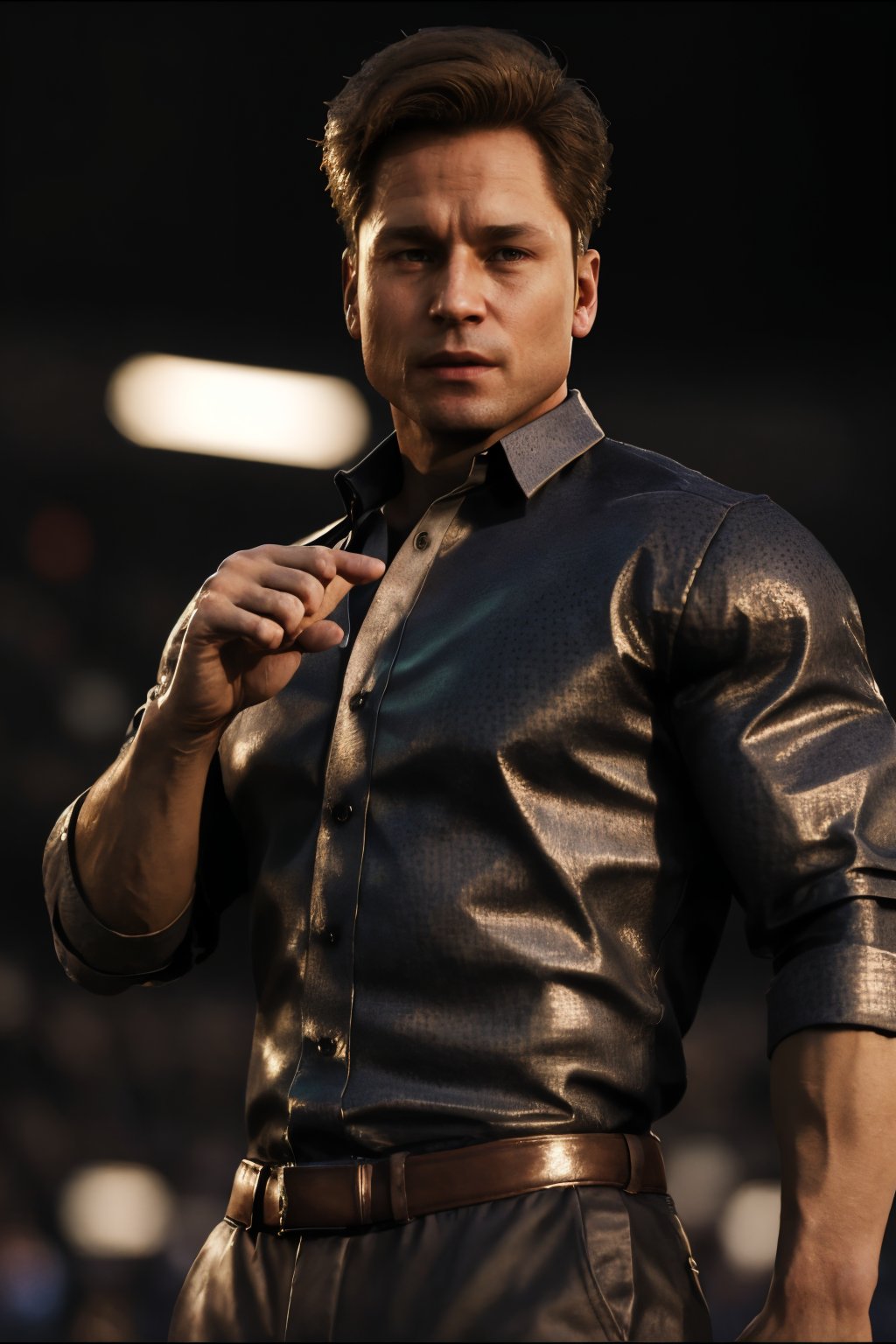 fullbody image of Johnny Cage, 1man, collared shirt, full body, middle finger, giving you the middle finger, looking at viewer, simple background, colosseum arena, photorealistic, best quality, real life, RAW, without noise, clear, high_resolution, 8K masterpiece, photograph, soft lighting, realistic skin, extremely detailed, soft natural light, reflected light, highly detailed,  professional photography, ultra sharp focus, tetradic colors,johnny_cage_mk1