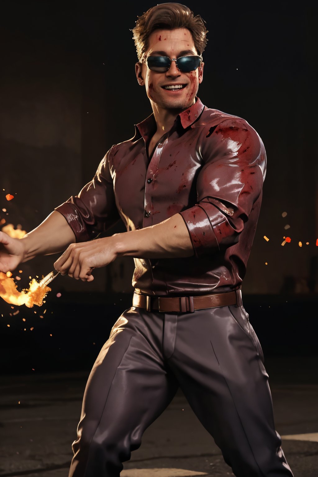 full body image of Johnny Cage, 1man, collared shirt, grin, blood on face, pointing towards himself, fire in background, sunglasses, glint, visible eyes, Handsome man, full body, photorealistic, best quality, real life, RAW, without noise, clear, high_resolution, 8K masterpiece, photograph, soft lighting, realistic skin, extremely detailed, soft natural light, reflected light, highly detailed,  professional photography, ultra sharp focus, tetradic colors,johnny_cage_mk1
