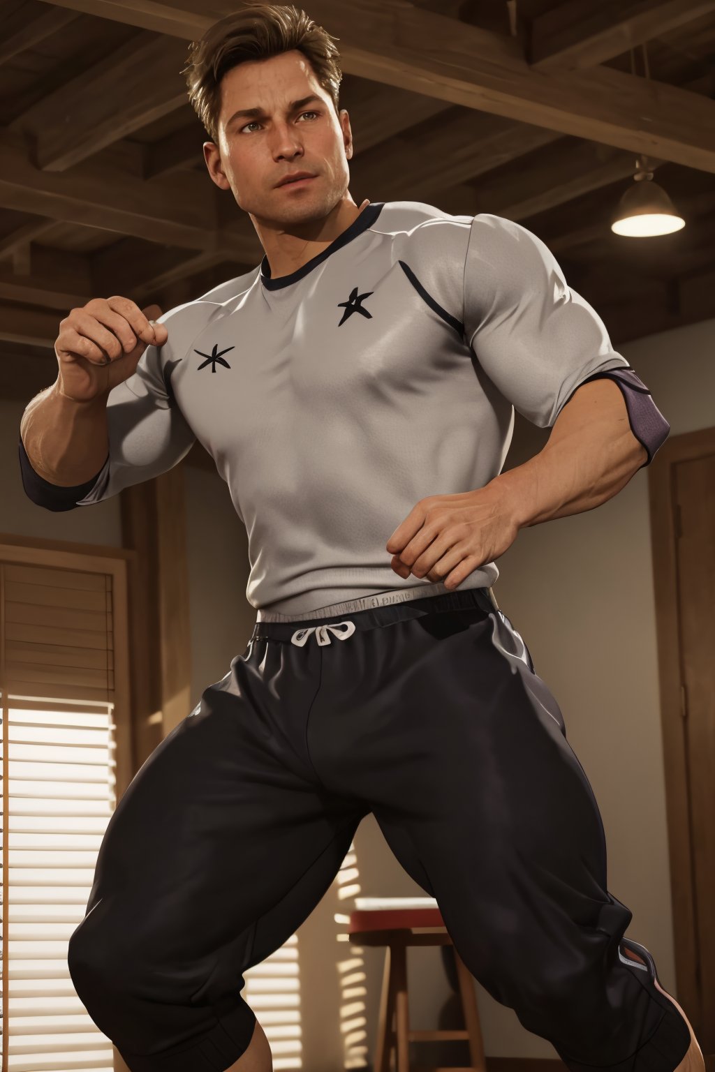 full body image of Johnny Cage, 1man, sweatpants, sportswear, mature, in a dojo, training, Handsome man, full body, photorealistic, best quality, real life, RAW, without noise, clear, high_resolution, 8K masterpiece, photograph, soft lighting, realistic skin, extremely detailed, soft natural light, reflected light, highly detailed,  professional photography, ultra sharp focus, tetradic colors,johnny_cage_mk1