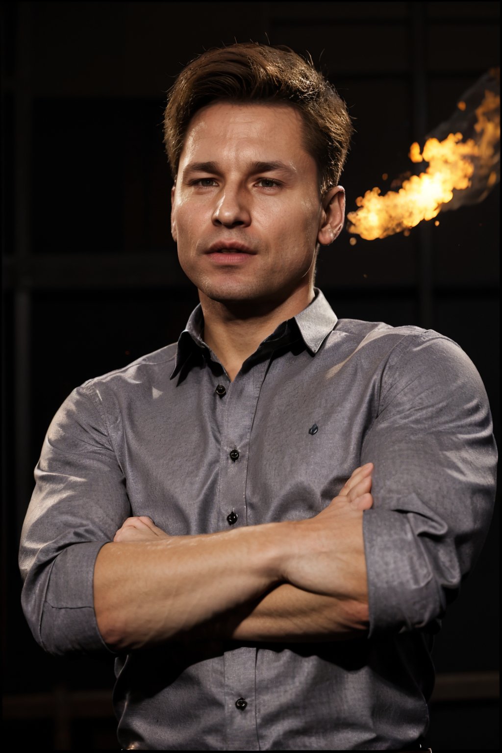 portrait of Johnny Cage, man, collared shirt, crossed arms, looking at the viewer, full body, simple background, arena with fire, professional photography, ultra sharp focus, tetradic colors, photorealistic, photo r3al,1, well lit scene,johnny_cage_mk1