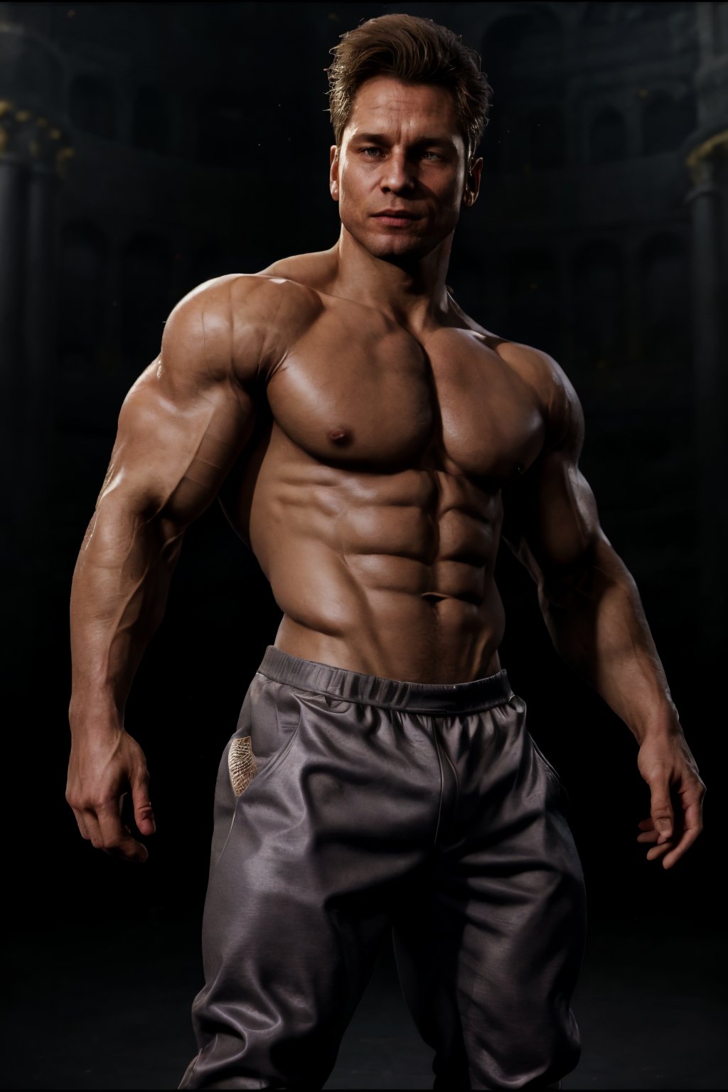 fullbody image of Johnny Cage, 1man, sweatpants, shorts, middle finger, showing his middle finger, giving the viewer the middle finger, looking at viewer, simple background (colosseum arena), photorealistic, best quality, without noise, clear, high_resolution, 8K masterpiece, soft lighting, realistic skin, highly detailed, ultra sharp focus, tetradic colors, johnny_cage_mk1