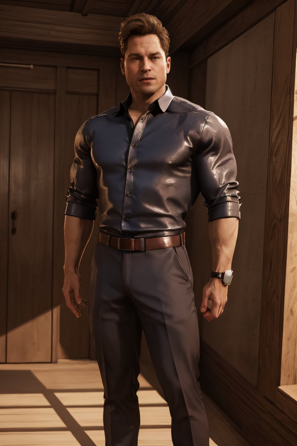 full body image of Johnny Cage, 1man, collared shirt, mature, giving the viewer the middle finger, middle finger, simple background, apartment, Handsome man, full body, photorealistic, best quality, real life, RAW, without noise, clear, high_resolution, 8K masterpiece, photograph, soft lighting, realistic skin, extremely detailed, soft natural light, reflected light, highly detailed,  professional photography, ultra sharp focus, tetradic colors,johnny_cage_mk1