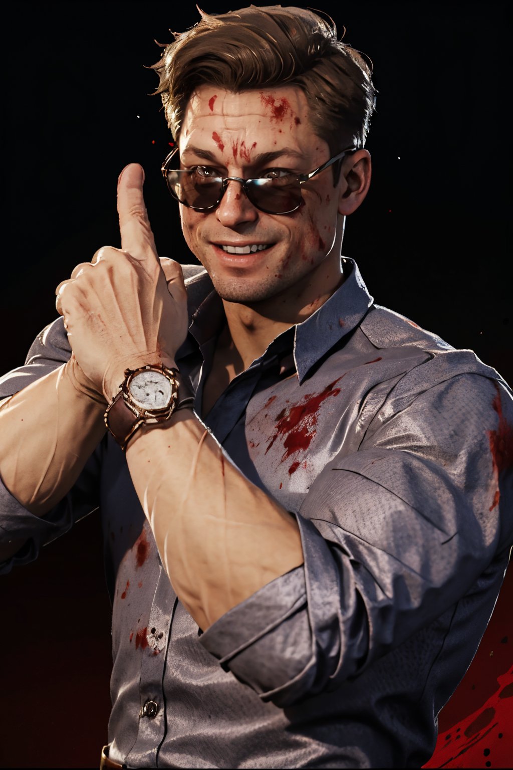  image of Johnny Cage, 1man,upper body, grin, collared shirt,  sunglasses, simple background, blood on face, wristwatch, thumbs up, glint, international love pose, johnny_cage_mk1