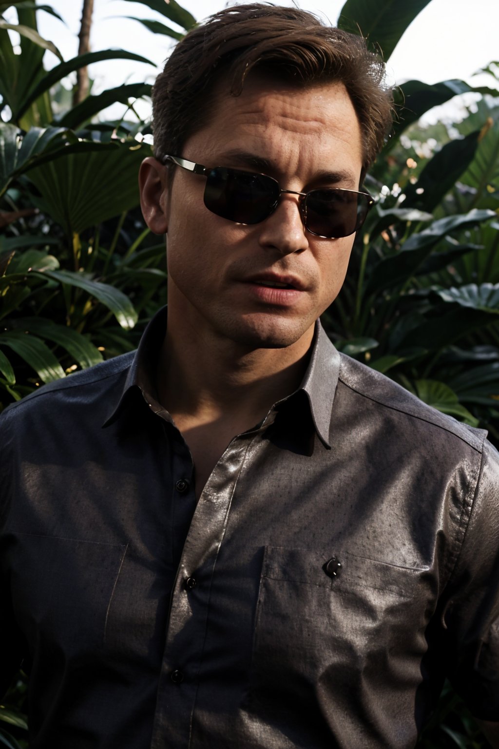 fullbody image of Johnny Cage, man, collared shirt, full body, sunglasses, adjusting eyewear, simple background, jungle, professional photography, ultra sharp focus, tetradic colors, photorealistic, photo r3al,1, well lit scene,johnny_cage_mk1