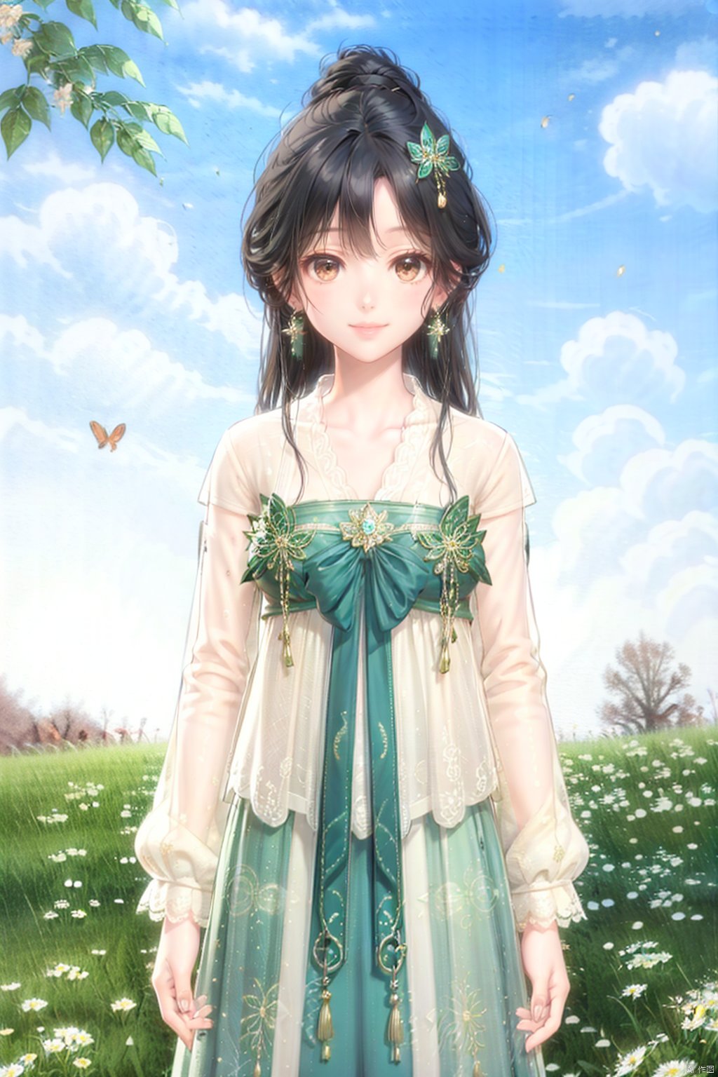 1girl, solo, long hair, looking at viewer, smile, black hair, hair ornament, long sleeves, dress, brown eyes, jewelry, flower, earrings, outdoors, sky, day, cloud, blue sky, chinese clothes, grass, bug, butterfly, 1girl