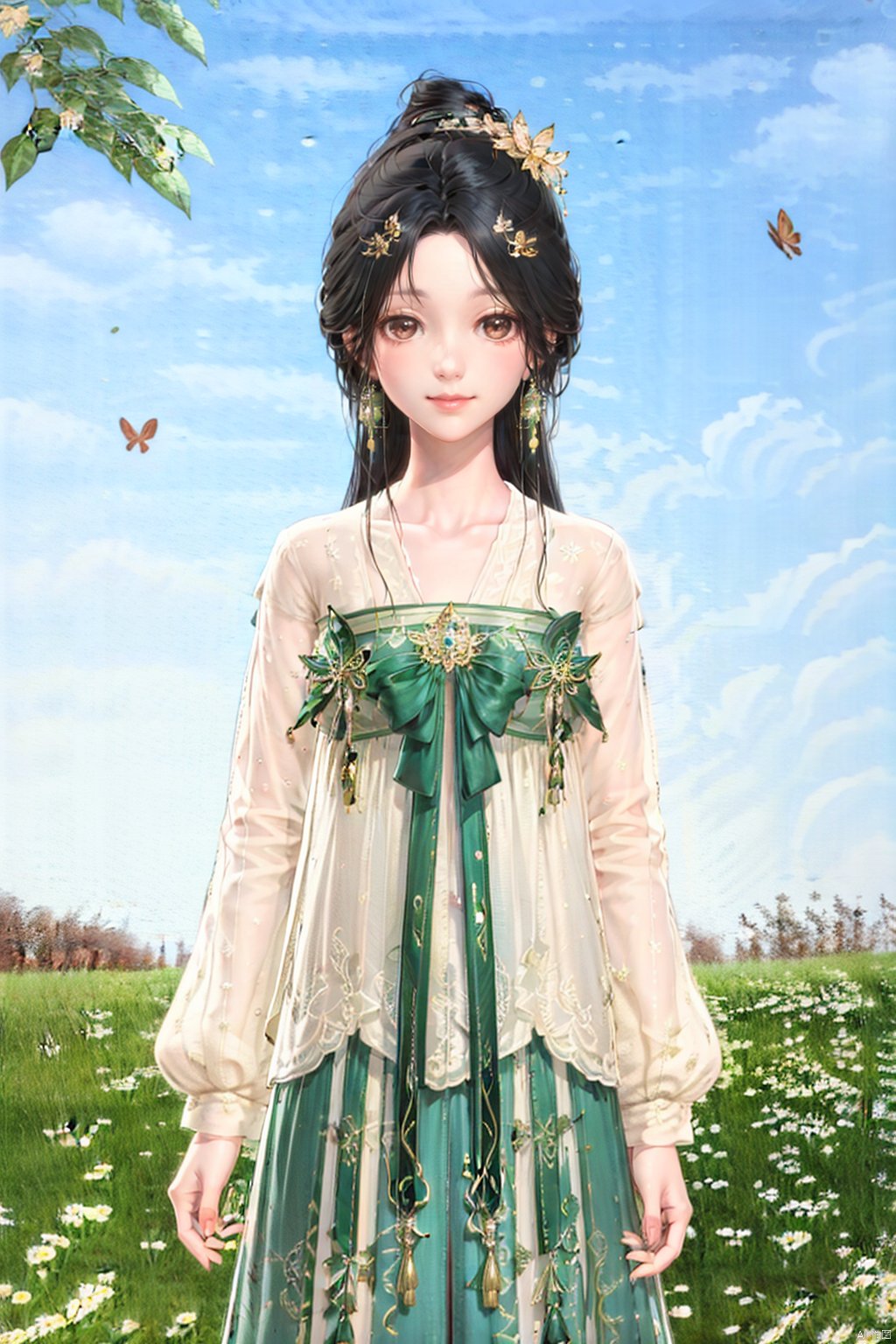 1girl, solo, long hair, looking at viewer, smile, black hair, hair ornament, long sleeves, dress, brown eyes, jewelry, flower, earrings, outdoors, sky, day, cloud, blue sky, chinese clothes, grass, bug, butterfly, 1girl