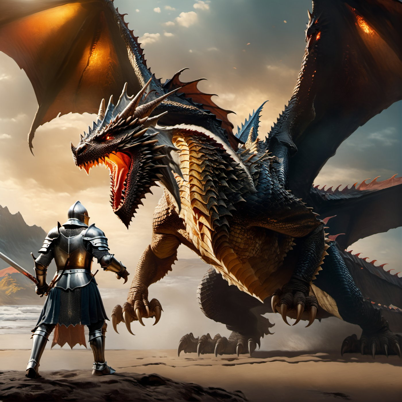 (((full_body shot))),  Photo of a knight and big dragon have pair of wings,  fighting,  Hyper-detailled,  32k,  Super High definition,  Vibrant Colors,  Soft focus,  Ultra Smooth, Soft natural look,  Full shot,  photorealistic,  realism,  film still,  cinematic shot,  dreamwave,  aesthetic,  action_pose, Movie Still, photo r3al, knight&dragon, greg rutkowski,<lora:EMS-190892-EMS:0.800000>,<lora:EMS-14344-EMS:0.800000>,<lora:EMS-276205-EMS:0.800000>