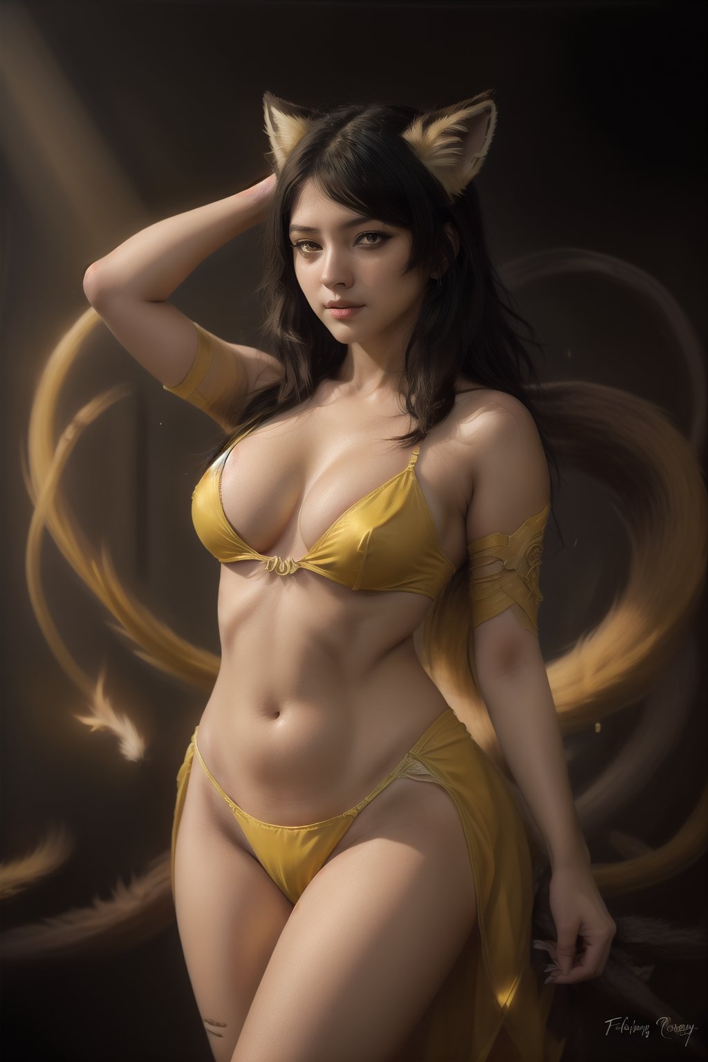 fox_tail,black-hair,5_figners,yellow_eyes,fox_girl,fox_ears,Ahri,midjourney,upper_body,1 girl,More Detail,perfect light,CJ painting