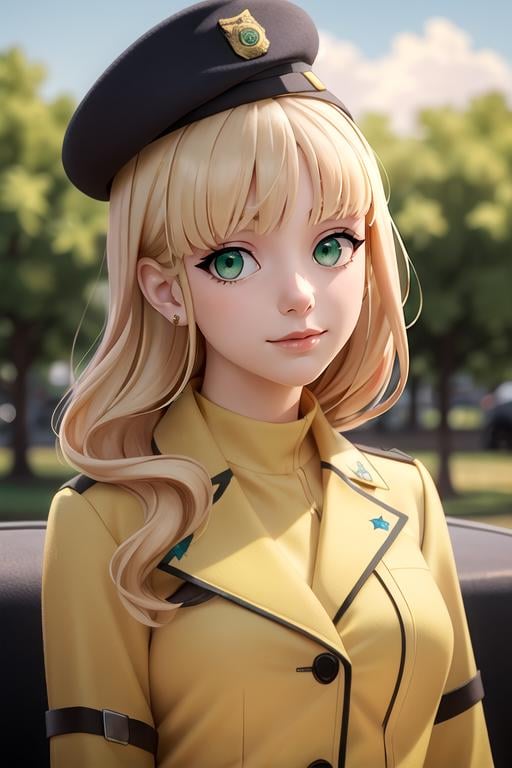 (best quality:1.1), (masterpiece:1.4), photorealistic, looking at viewer, upper body, depth of field, , , 1girl, solo, <lora:ciel_synduality_noir:0.76>, ciel_synduality_noir, blonde hair, green eyes, , bangs, policewoman costume, ,