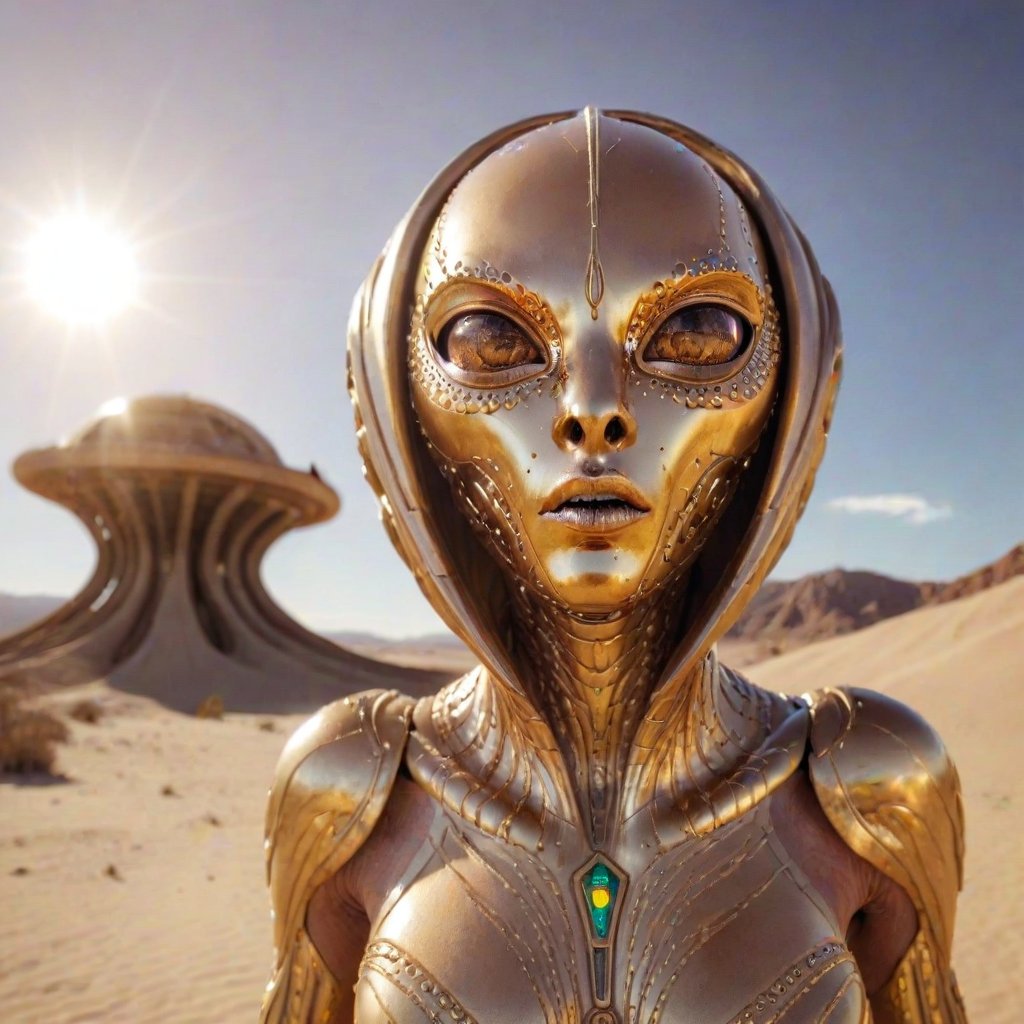 alien creature in desert art hd, in the style of futuristic glamour, dark beige and gold, low depth of field, solarpunk, surrealistic poses, expansive skies, captivating