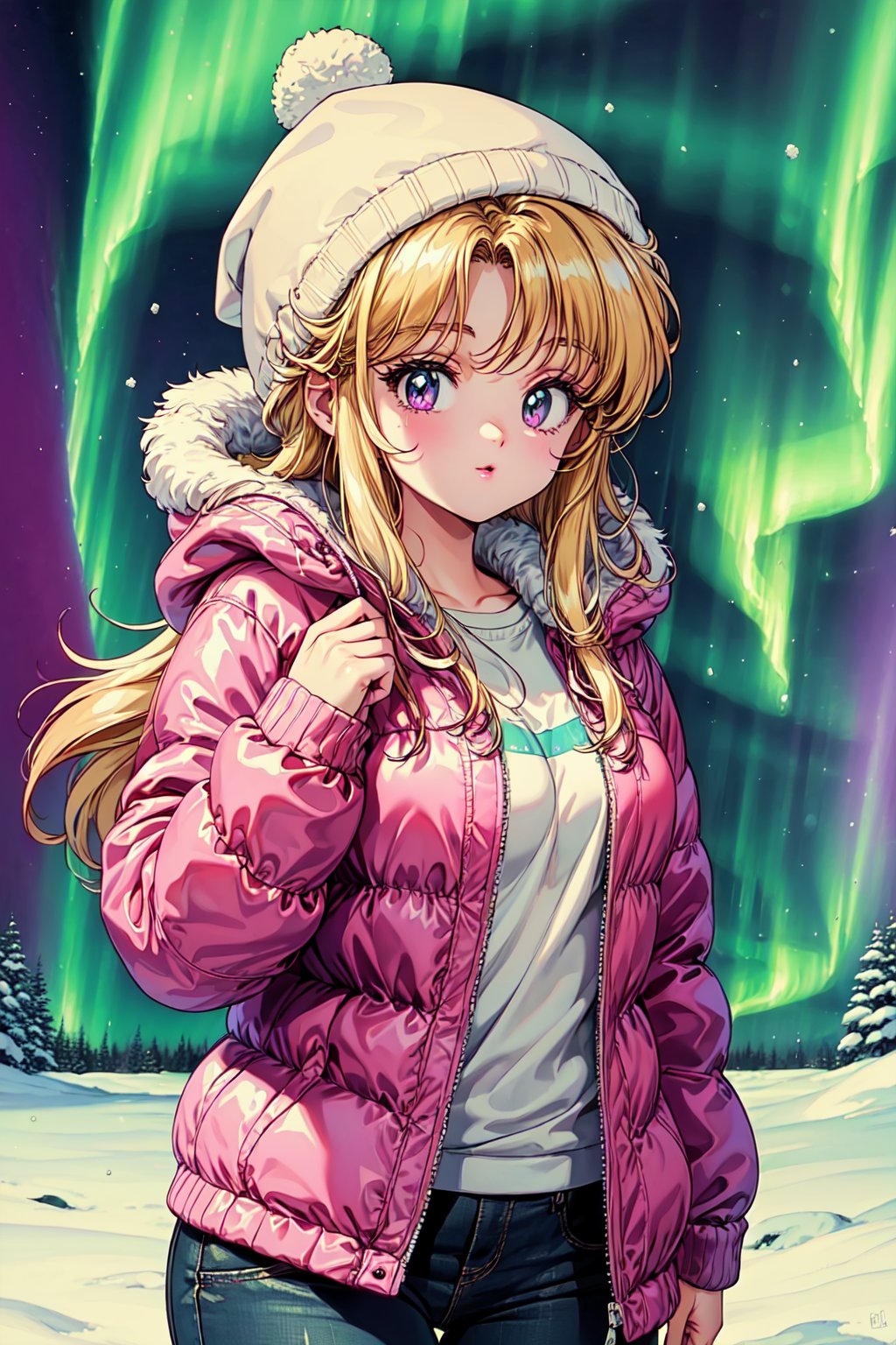 ((masterpiece)), (best quality), (beautiful detailed eyes), (ultra-detailed), (finely detail), (highres), colorful, pastel color, 1 beautiful girl, kawaii illustration, dynamic angles, winter, snow, (beautiful aurora:1.3), (Fantastic:1.5), Knit hats, hoods, and down jackets inspired by the aurora borealis. standing, 