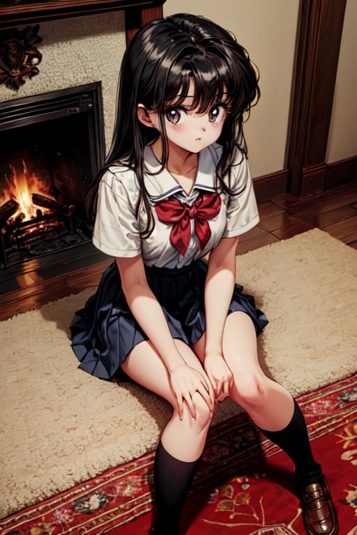 ((masterpiece)), (best quality), (beautiful detailed eyes), (ultra-detaile), (finely detai), (highres), (1 cute girl:1.3), solo, (fireplace), (carpet:1.5), Black hair, school uniform, sitting, room, 