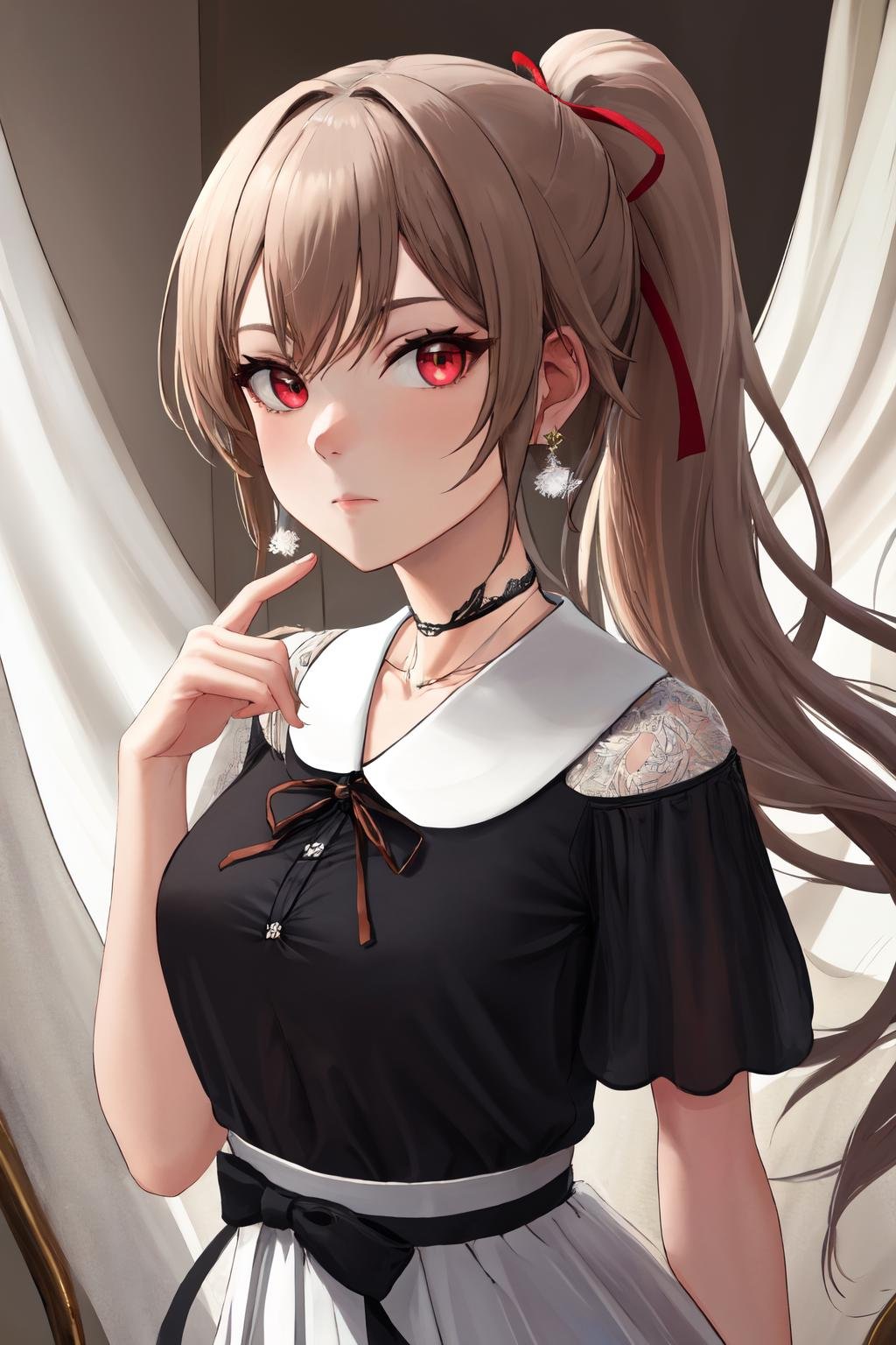 masterpiece, (detailed, highres, best quality), 1girl, <lora:spfureneLustario:1> lustario1st, lustario2st, high ponytail, earrings, black choker, black shirt, white skirt, hair ribbon, shoulder cutout, necklace, curtains, floating hair, indoors, petals, upper body, window, arm up, closed mouth, expressionless, hand in pocket, looking at viewer, looking up, pigeon-toed, solo, standing