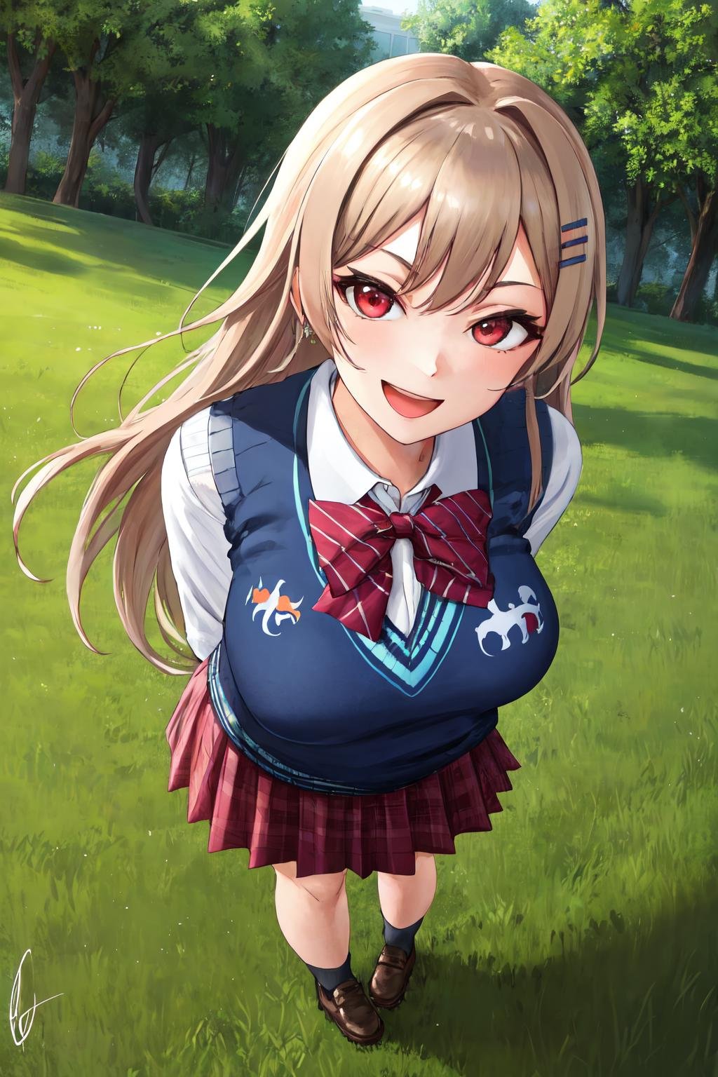 masterpiece, (detailed, highres, best quality), 1girl, <lora:spfureneLustario:1> lustario4st, hairclip, school uniform, collared shirt, red bowtie, sweater vest, pleated skirt, day, dutch angle, full body, grass, light particles, outdoors, signature, striped, tree, :d, arm behind back, arms behind back, leaning forward, looking at viewer, open mouth, smile, solo, standing