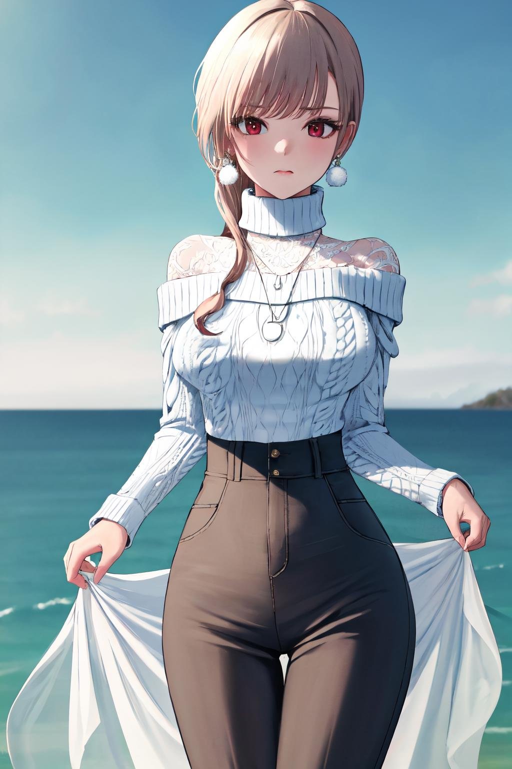 masterpiece, (detailed, highres, best quality), 1girl, <lora:spfureneLustario:1> lustario3st, earrings, necklace, turtleneck sweater, ribbed sweater, high-waist pants, blurry, day, depth of field, ocean, outdoors, looking down, skirt hold, solo, standing