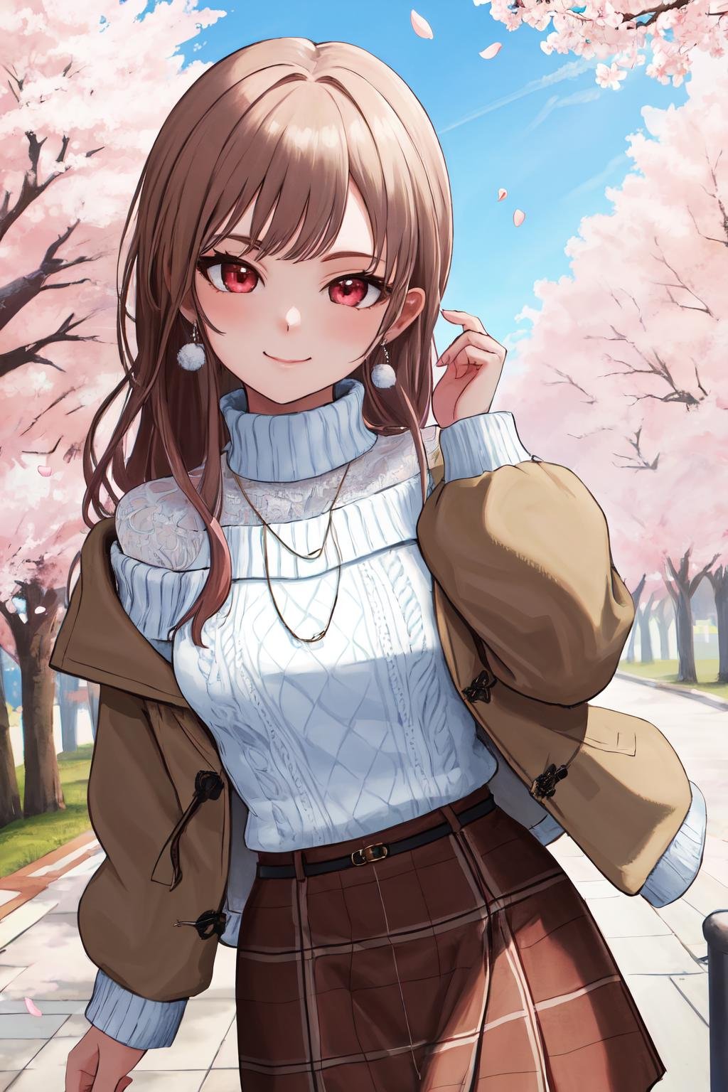 masterpiece, (detailed, highres, best quality), 1girl, <lora:spfureneLustario:1> lustario3st, earrings, necklace, turtleneck sweater, brown jacket, plaid skirt, cherry blossoms, petals, bad hands, closed mouth, hand up, light smile, looking at viewer, solo