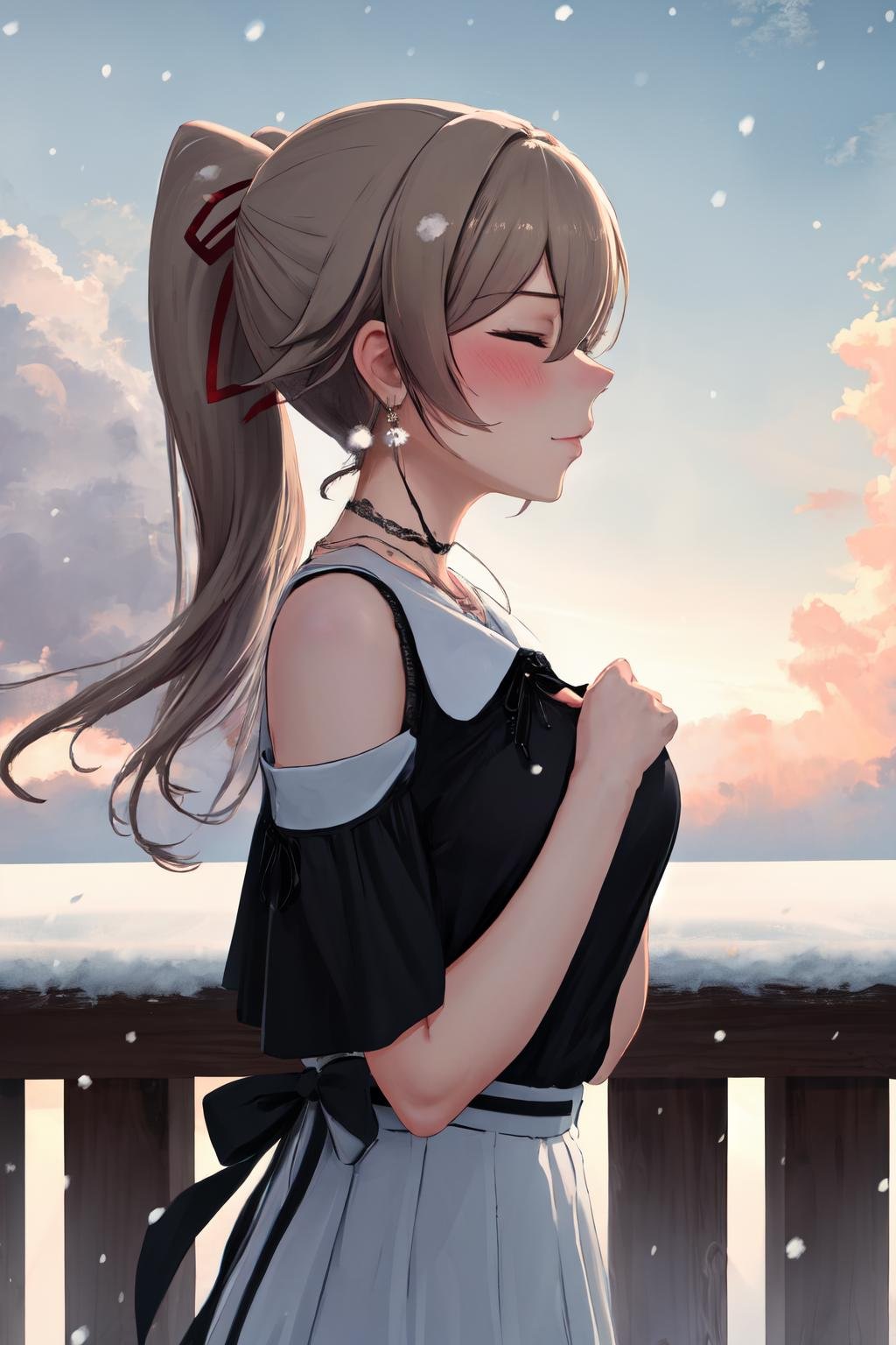 masterpiece, (detailed, highres, best quality), 1girl, <lora:spfureneLustario:1> lustario1st, lustario2st, high ponytail, earrings, black choker, black shirt, white skirt, hair ribbon, shoulder cutout, necklace, cloud, cloudy sky, floating hair, from side, outdoors, railing, signature, sky, snow, snowing, winter, blush, half-closed eyes, hands on own chest, looking to the side, solo