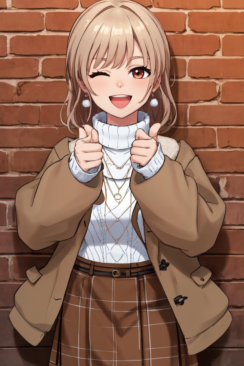 masterpiece, (detailed, highres, best quality), 1girl, <lora:spfureneLustario:1> lustario3st, earrings, necklace, turtleneck sweater, brown jacket, plaid skirt, brick wall, building, coffee, coffee cup, cup, disposable cup, wall, window, ;d, hands up, looking at viewer, one eye closed, smile, solo, thumbs up