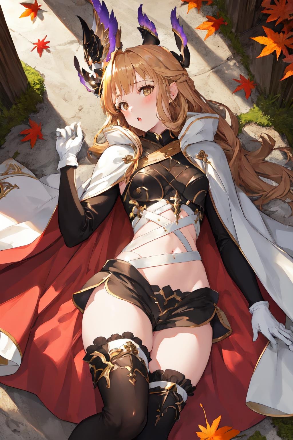 masterpiece, (detailed, highres, best quality), 1girl, <lora:spgbfTweyen-09:1> tweyendef, head wings, white gloves, midriff, shorts, short shorts, black thighhighs, cape, white cloak, autumn, autumn leaves, backlighting, book, day, dutch angle, leaf, maple leaf, open book, outdoors, striped, :o, blush, looking at viewer, looking to the side, lying, on side, parted lips, solo