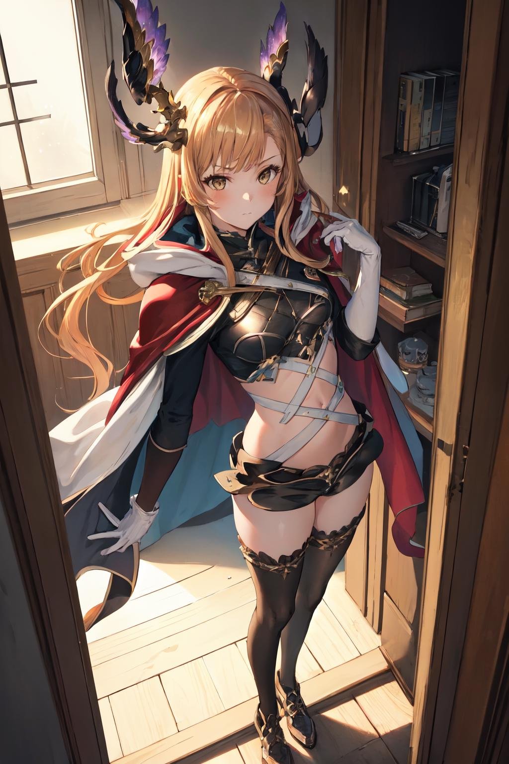 masterpiece, (detailed, highres, best quality), 1girl, <lora:spgbfTweyen-09:1> tweyendef, head wings, white gloves, midriff, shorts, short shorts, black thighhighs, cape, white cloak, backlighting, day, duffel bag, from above, indoors, light particles, moe2019, sunlight, :/, closed mouth, solo