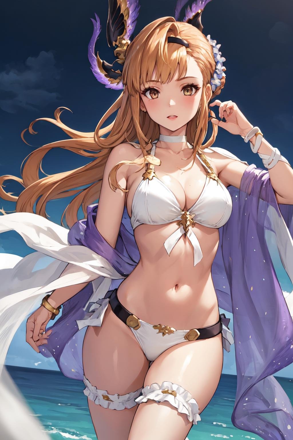 masterpiece, (detailed, highres, best quality), 1girl, <lora:spgbfTweyen-09:1> tweyensu, head wings, hair flower, hairband, jewelry, swimsuit, white bikini, purple shawl, cleavage, choker, bracelet, thigh strap