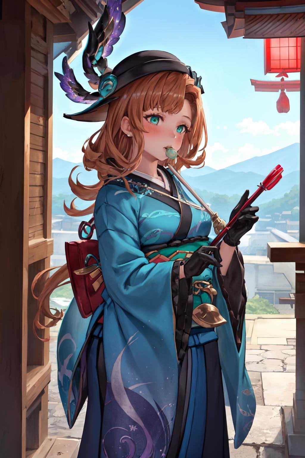 masterpiece, (detailed, highres, best quality), 1girl, <lora:spgbfTweyen-09:1> tweyenny, hat, black headwear, black gloves, japanese clothes, kimono, blue kimono, obi, sash, skirt, hakama skirt, wide sleeves, dome, european architecture, handbag, pillar, umbrella, blush, bubble blowing, chewing gum, hands up, solo