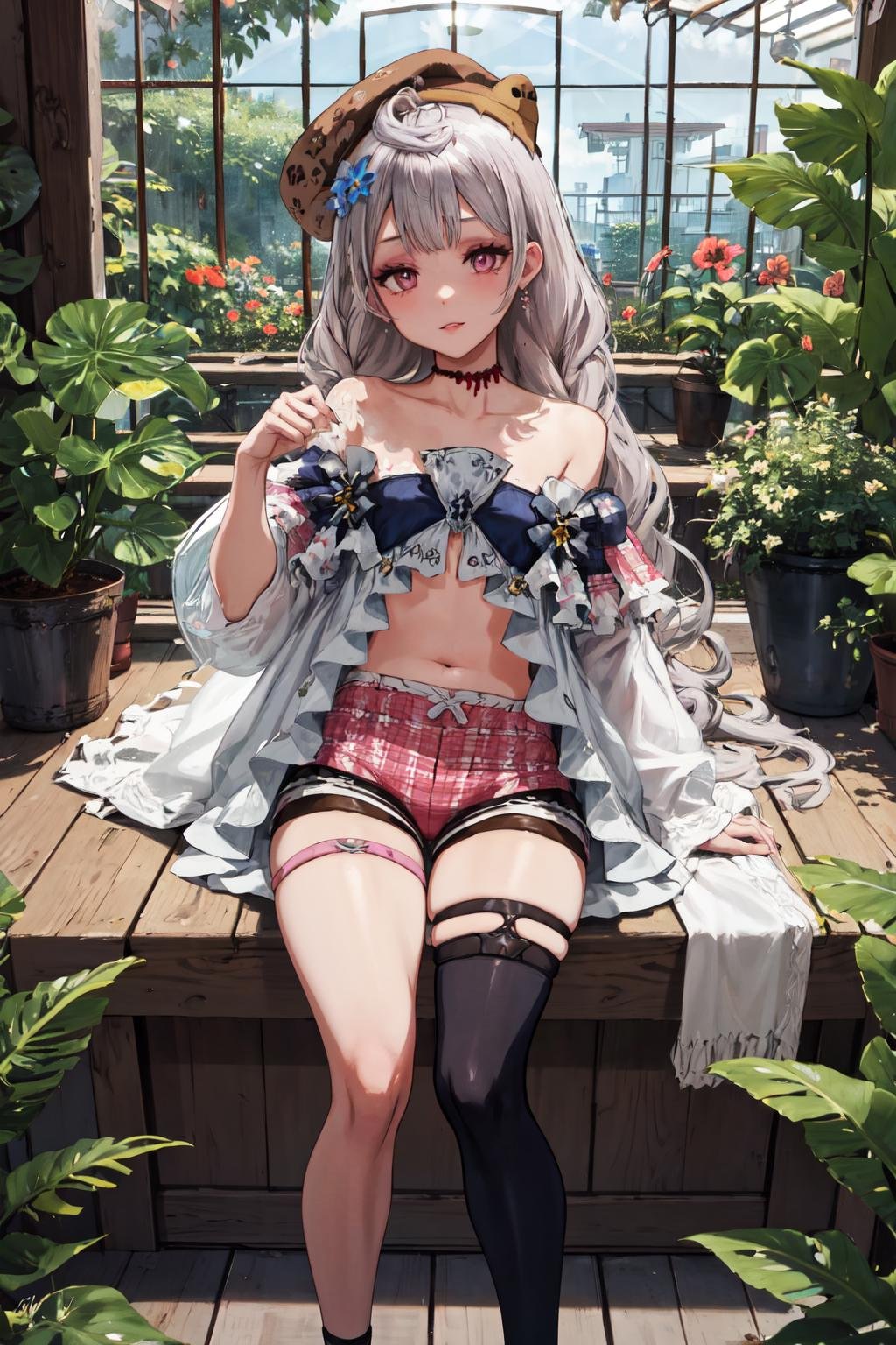 masterpiece, (detailed, highres, best quality), 1girl, <lora:spreimuEndou-10:0.9> bags under eyes, makeup, endou3st, beret, choker, thigh strap, hair flower, pink shorts, artist name, black cat, cat, feet out of frame, flower, garden, greenhouse, hose, indoors, leaf, plant, signature, sunlight