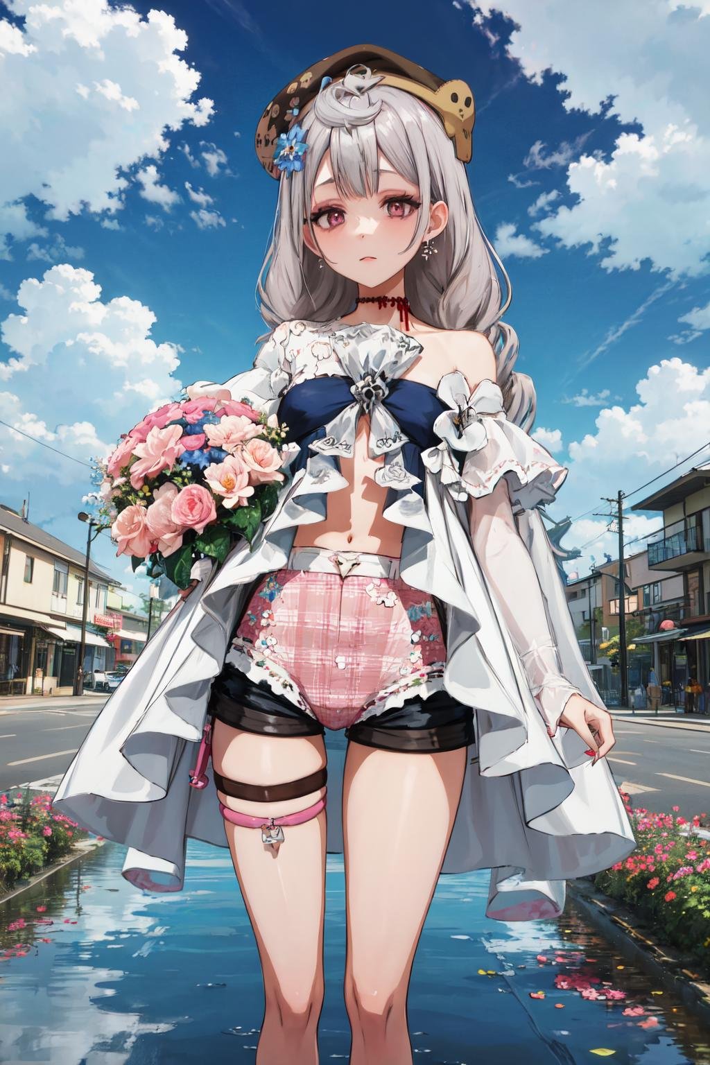 masterpiece, (detailed, highres, best quality), 1girl, <lora:spreimuEndou-10:0.9> bags under eyes, makeup, endou3st, beret, choker, thigh strap, hair flower, pink shorts, blue sky, bouquet, brown umbrella, bug, building, butterfly, closed umbrella, cloud, cloudy sky, day, flower, ligne claire, outdoors, pillarboxed, power lines, puddle, reflection, sky, umbrella, utility pole, water