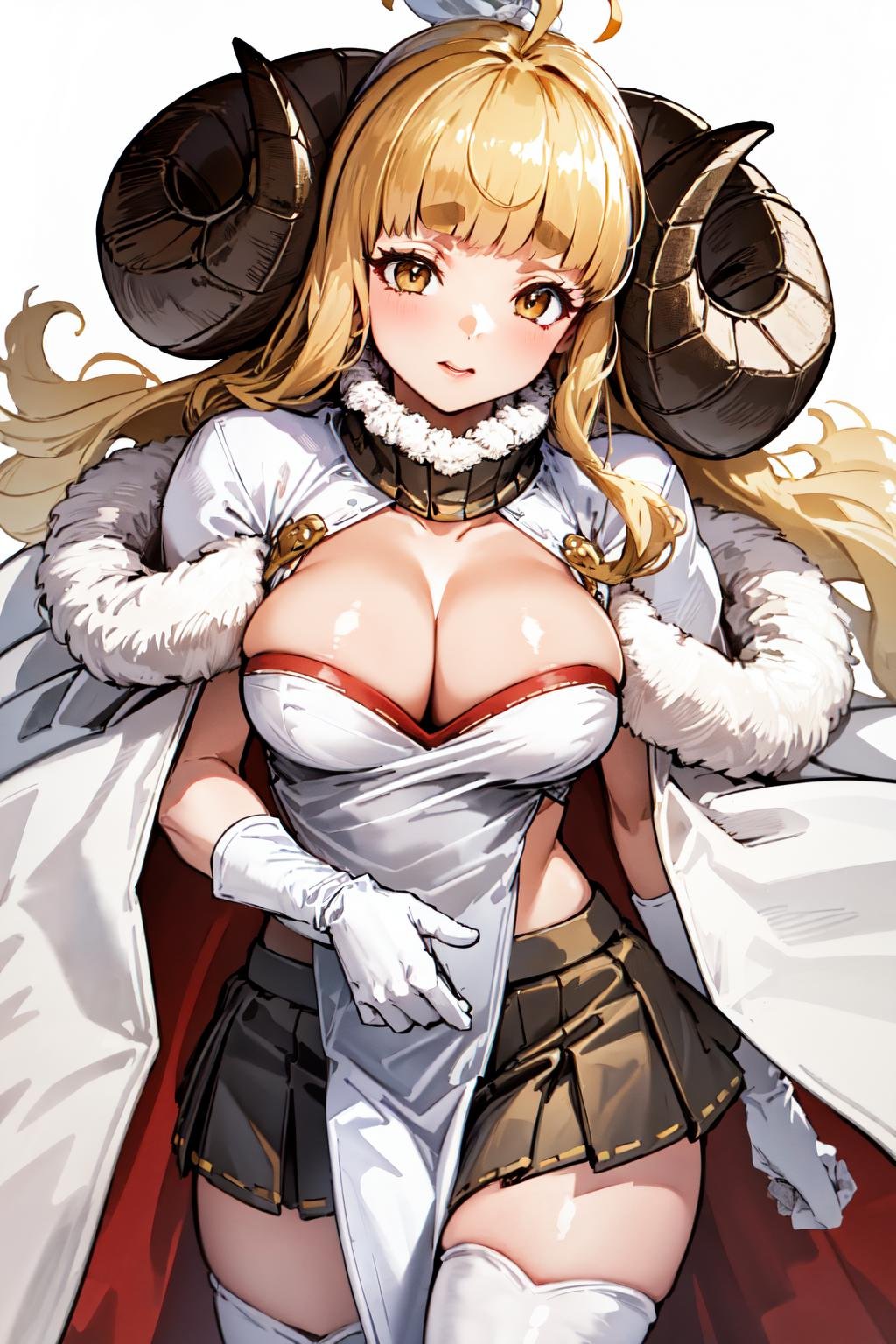 masterpiece, (detailed, highres, best quality), 1girl,  <lora:gbfAnila-09:1> aniladef, cleavage, cape, white gloves, white thighhighs, pleated skirt, fur trim, pelvic curtain, white tabard, white background