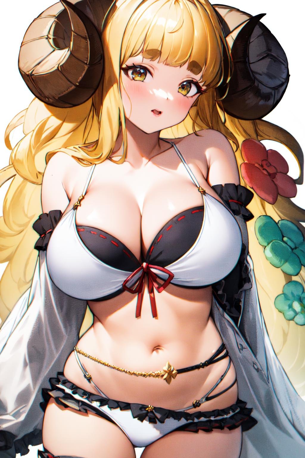 masterpiece, (detailed, highres, best quality), 1girl, <lora:gbfAnila-09:1> anilasu, cleavage, detached sleeves, wide sleeves, white bikini, hair flower, layered bikini, leg ribbon, belly chain, white background