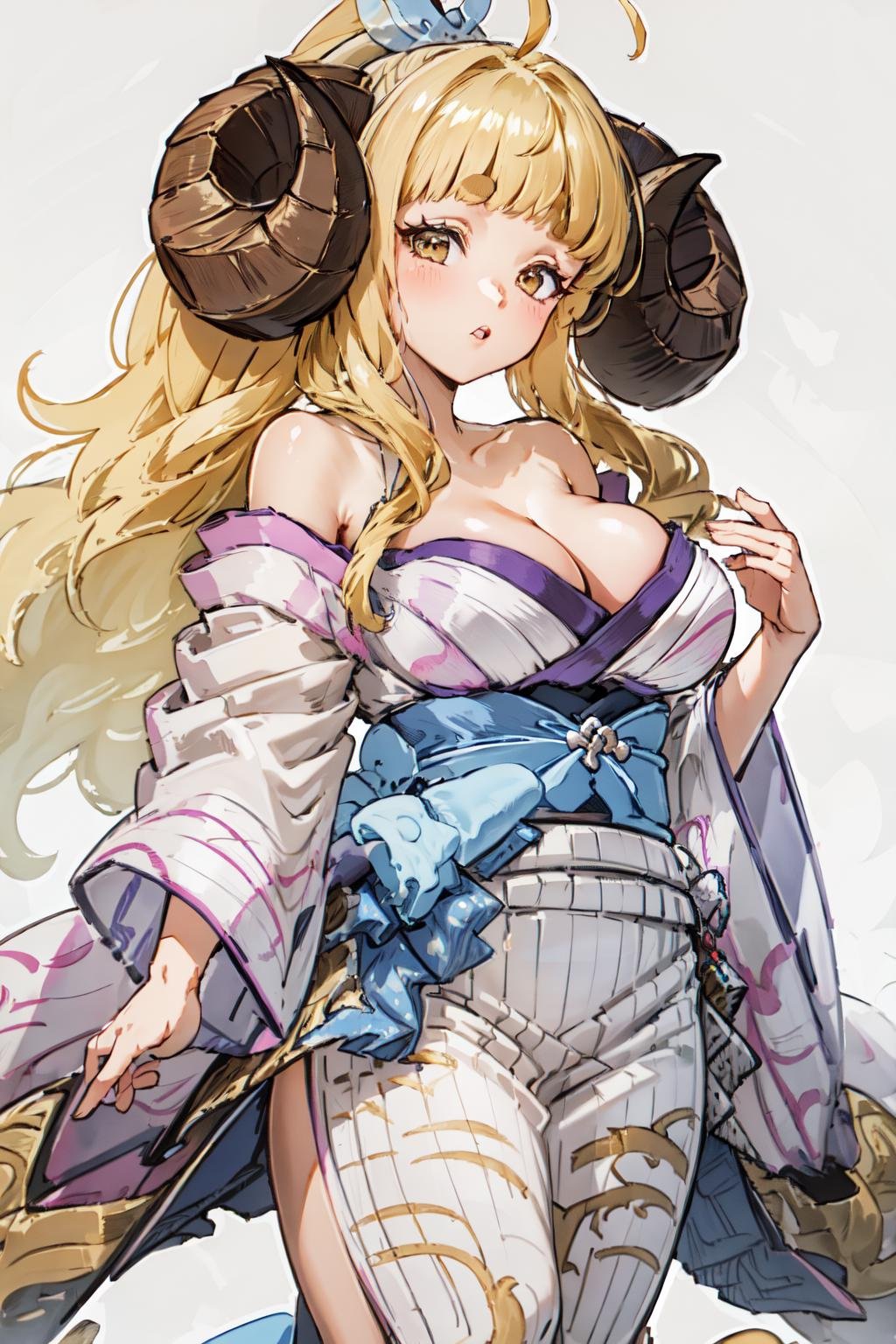 masterpiece, (detailed, highres, best quality), 1girl,  <lora:gbfAnila-09:1> anilany, cleavage, kimono, wide sleeves, sash, obi, hair ribbon, white background