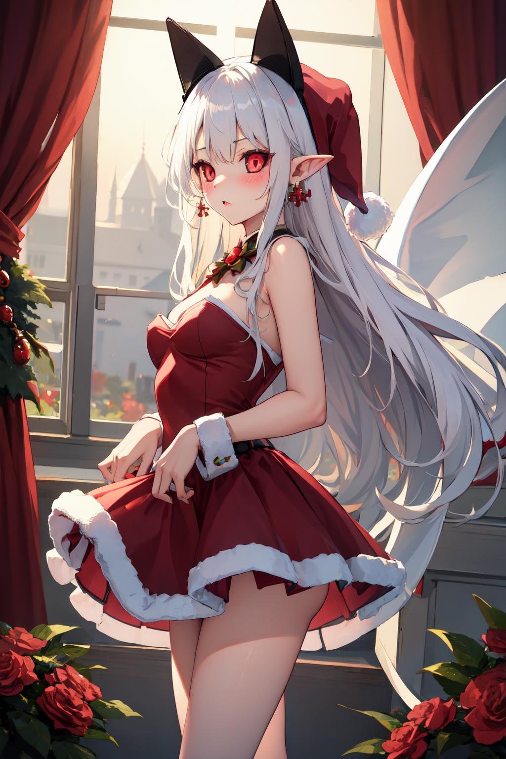 masterpiece, (detailed, highres, best quality), 1girl, <lora:spdisgaeaPram-08:1> pramdef, black sclera, horns, (santa hat:1.2), santa costume, santa dress, santa gloves, santa boots, flower, upper body