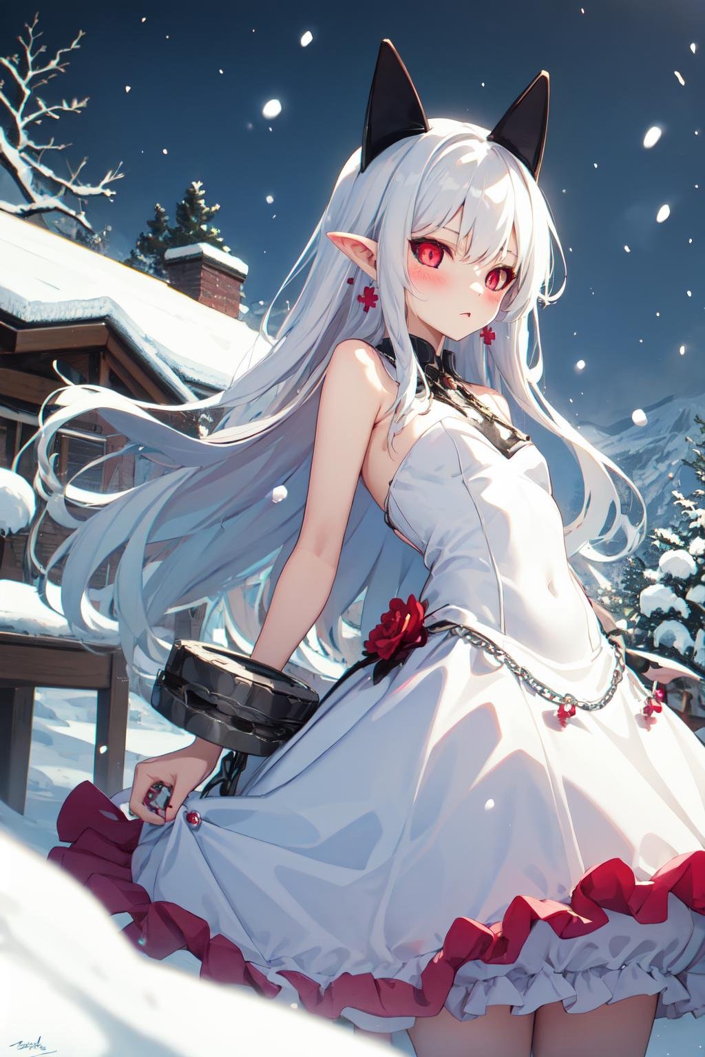 masterpiece, (detailed, highres, best quality), 1girl, <lora:spdisgaeaPram-08:1> pramdef, black sclera, horns, earrings, cuffs, chains, bubble skirt, skirt, dress, branch, camellia, flower, red flower, signature, snow, snowing, white flower