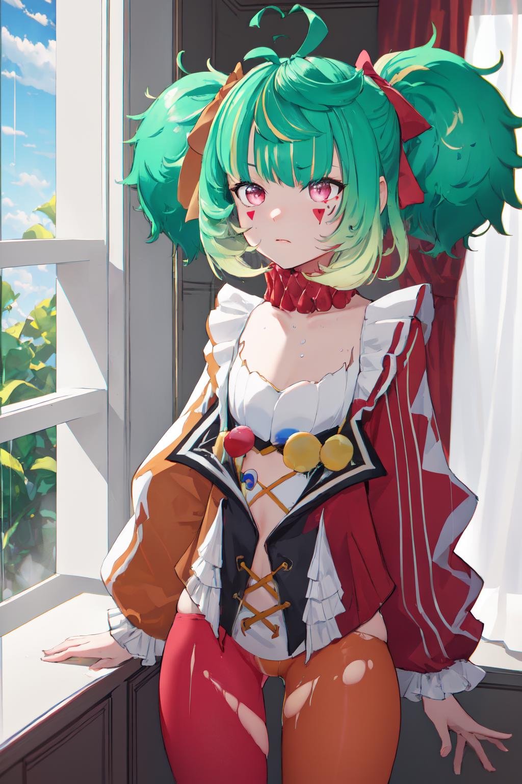 masterpiece, (detailed, highres, best quality), 1girl, <lora:spconiConfetti-10:1> conidef, twintails, heart ahoge, facial mark, hair bow, jacket, long sleeves, pantyhose, torn pantyhose, chromatic aberration, curtain grab, curtains, rain, reflection, upper body, water drop, window, window fog