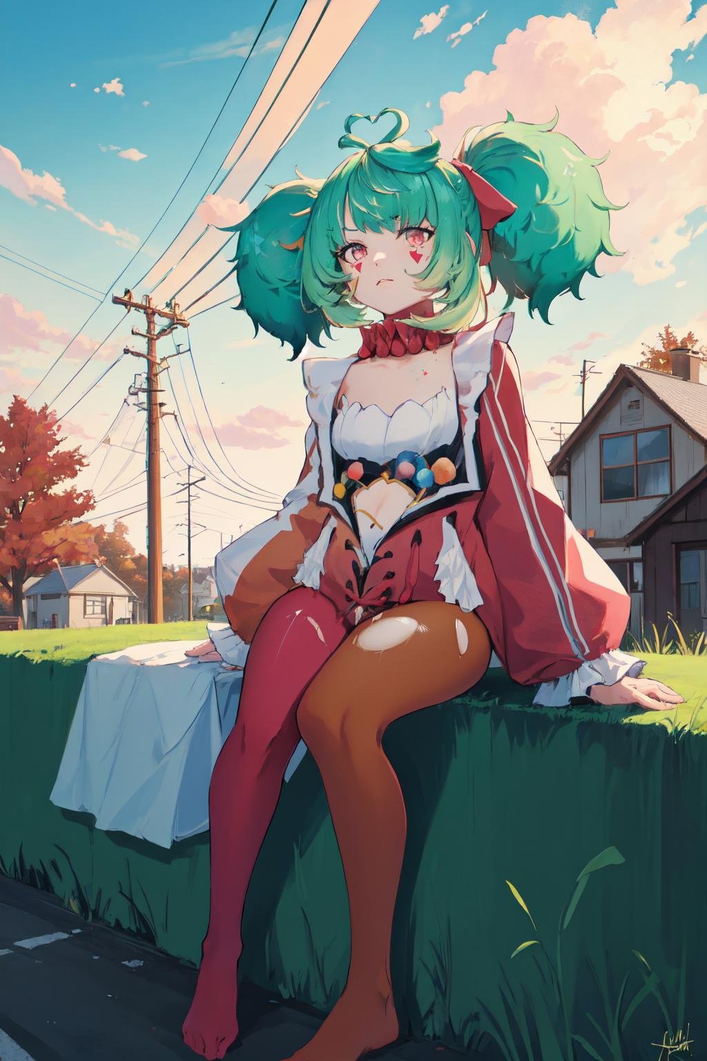 masterpiece, (detailed, highres, best quality), 1girl, <lora:spconiConfetti-10:1> conidef, twintails, heart ahoge, facial mark, hair bow, jacket, long sleeves, pantyhose, torn pantyhose, autumn, blue sky, cloud, cloudy sky, grass, house, outdoors, power lines, rust, scenery, signature, sky, sunset, tree, utility pole