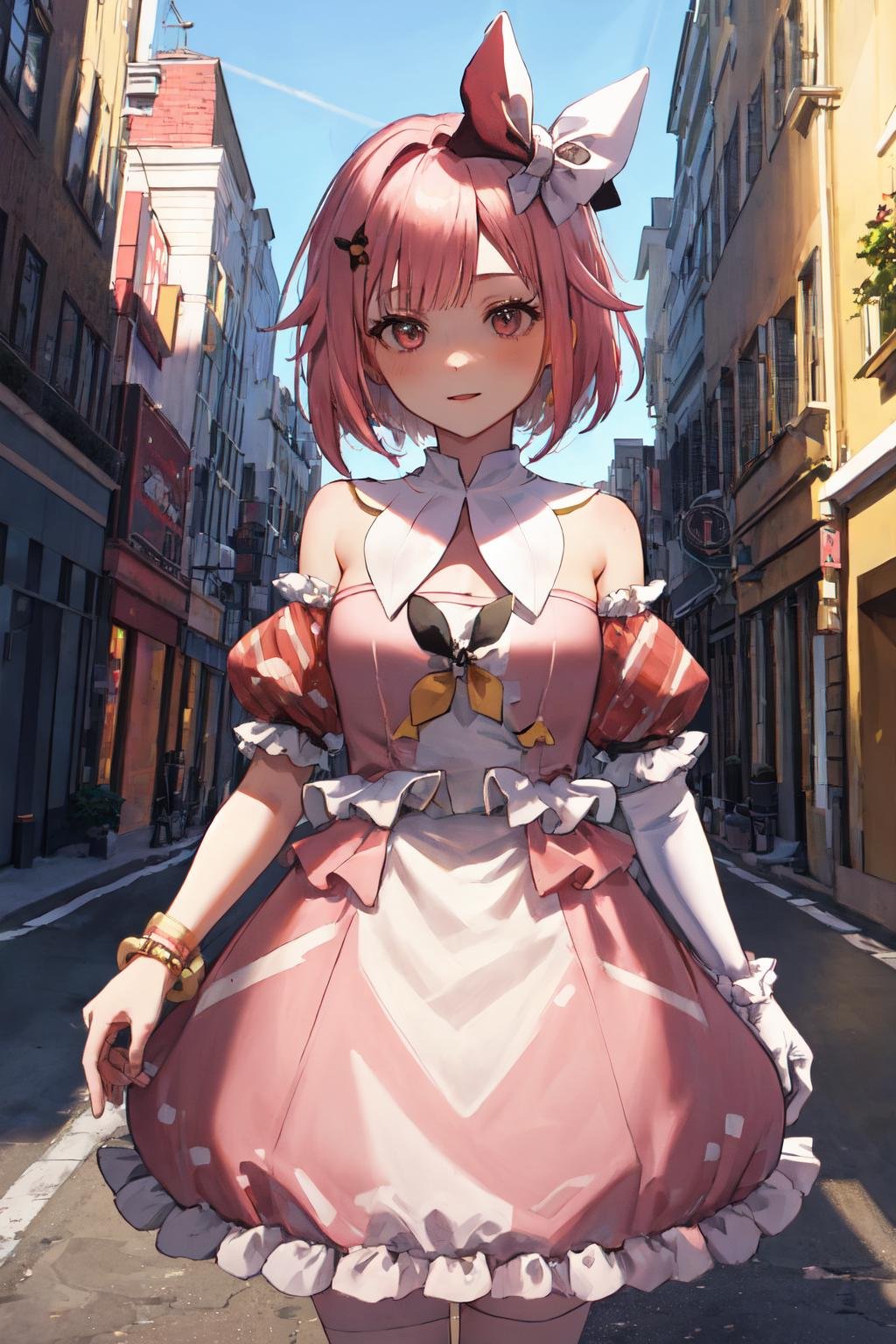 masterpiece, (detailed, highres, best quality), 1girl, <lora:spotoriEmu-08:1> emudef, hair bow, hair ribbon, bare shoulders, puffy short sleeves, detached collar, white gloves, pink dress, building, car, cowboy shot, day, motor vehicle, outdoors, road, street, watch