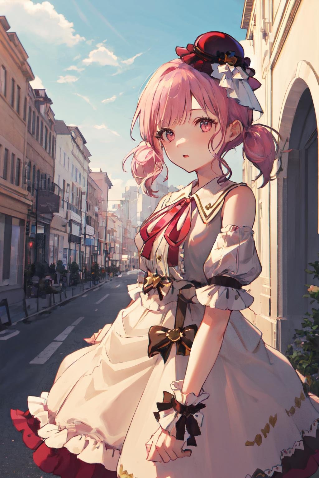 masterpiece, (detailed, highres, best quality), 1girl, <lora:spotoriEmu-08:1> emucrg, red headwear, grey dress, bow, neck ribbon, frills, detached sleeves, wrist cuffs, blue sky, city, cloud, letterboxed, sky