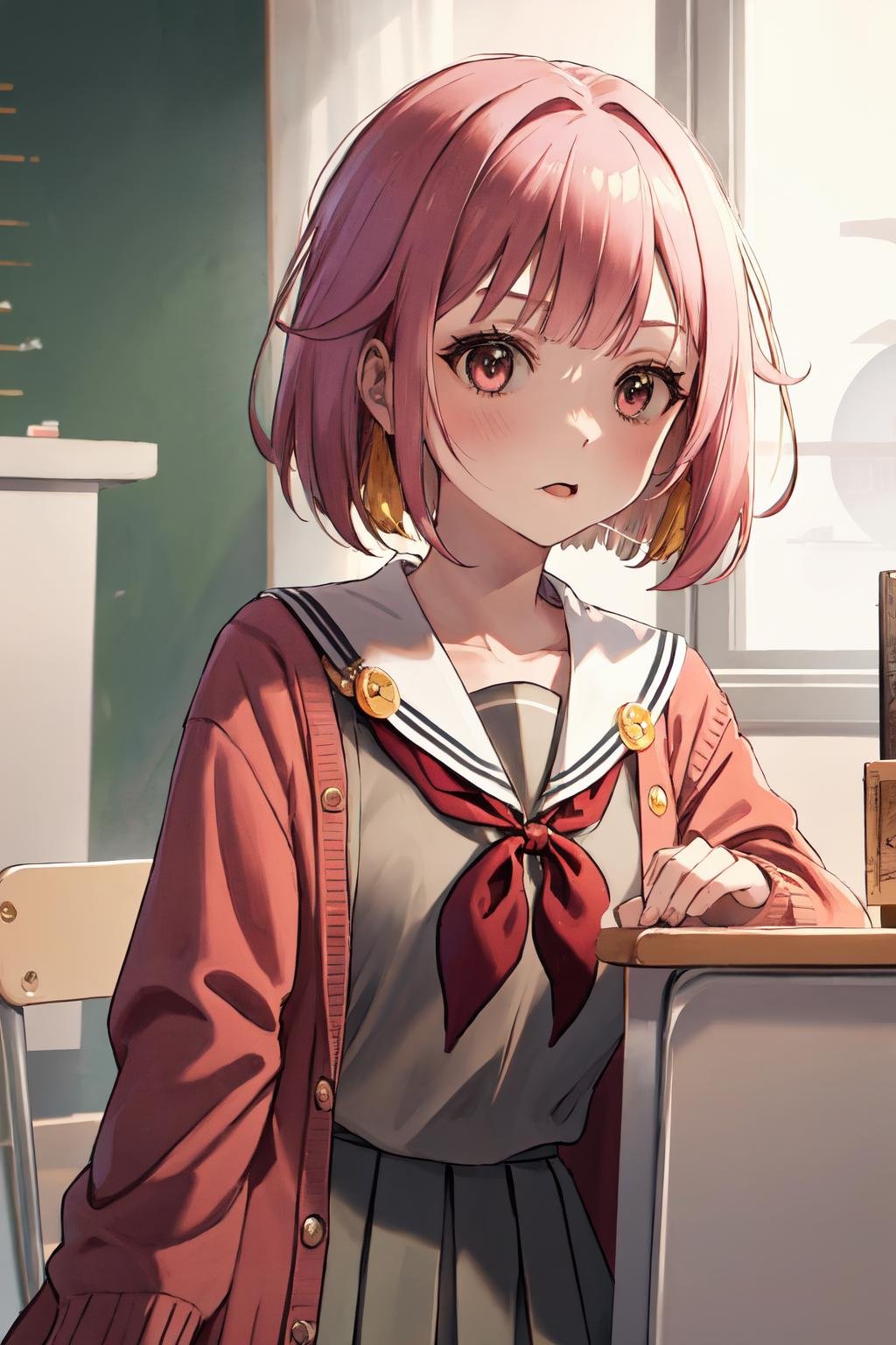 masterpiece, (detailed, highres, best quality), 1girl, <lora:spotoriEmu-08:1> emusai, white sailor collar, pink cardigan, red neckerchief, grey shirt, grey skirt, pleated skirt, upper body, day, sunshaft, school, desk