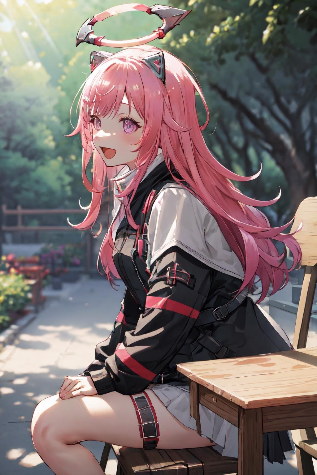 masterpiece, (detailed, highres, best quality), 1girl, <lora:spotoriEmu-08:1> emuag, fake animal ears, fake mechanical ears, mechanical halo, black jacket, thigh strap, :d, blurry, blurry background, chair, dappled sunlight, day, depth of field, from side, outdoors, phone, sunlight, table