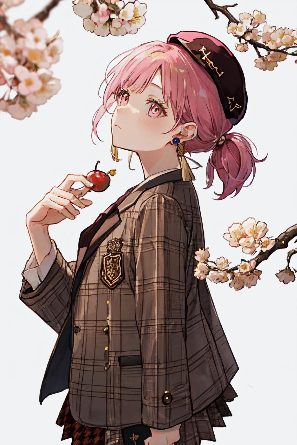 masterpiece, (detailed, highres, best quality), 1girl, <lora:spotoriEmu-08:1> emucas2, long sleeves, black beret, yellow earrings, brown jacket, black shirt, plaid skirt, backlighting, branch, cherry blossoms, flower, new year, pink flower, simple background, white background