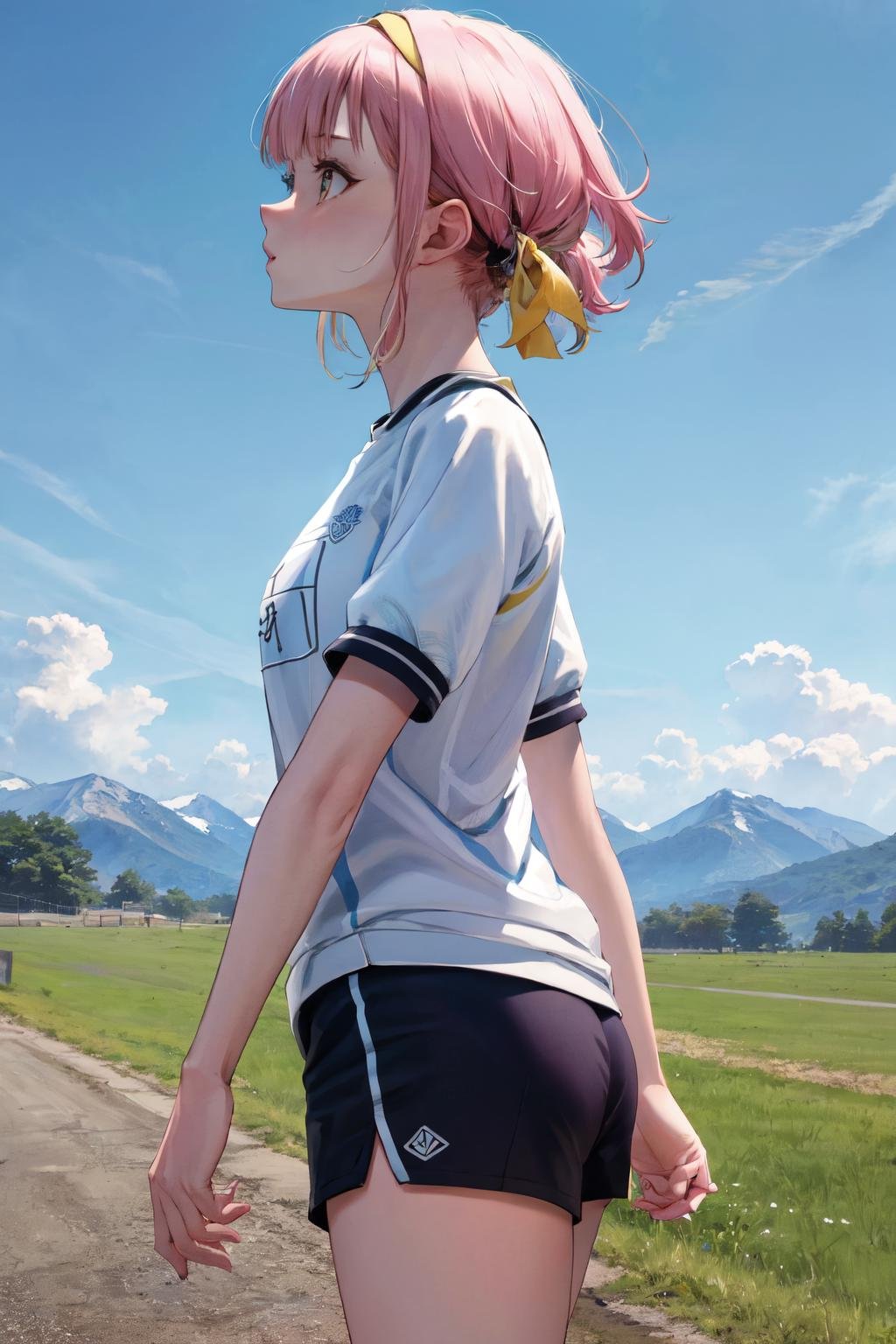 masterpiece, (detailed, highres, best quality), 1girl, <lora:spotoriEmu-08:1> emuts, gym uniform, gym shirt, short sleeves, yellow hairband, gym shorts, cloud, cloudy sky, leaf, mountain, outdoors, scenery, sky, wind