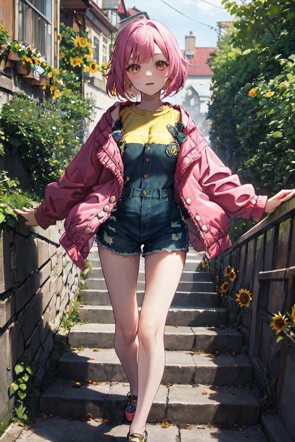 masterpiece, (detailed, highres, best quality), 1girl, <lora:spotoriEmu-08:1> emucas, yellow shirt, long sleeves, pink jacket, open jacket, blue overalls, feet out of frame, flower, hose, stairs, stone stairs, sunflower, water, white flower, yellow flower