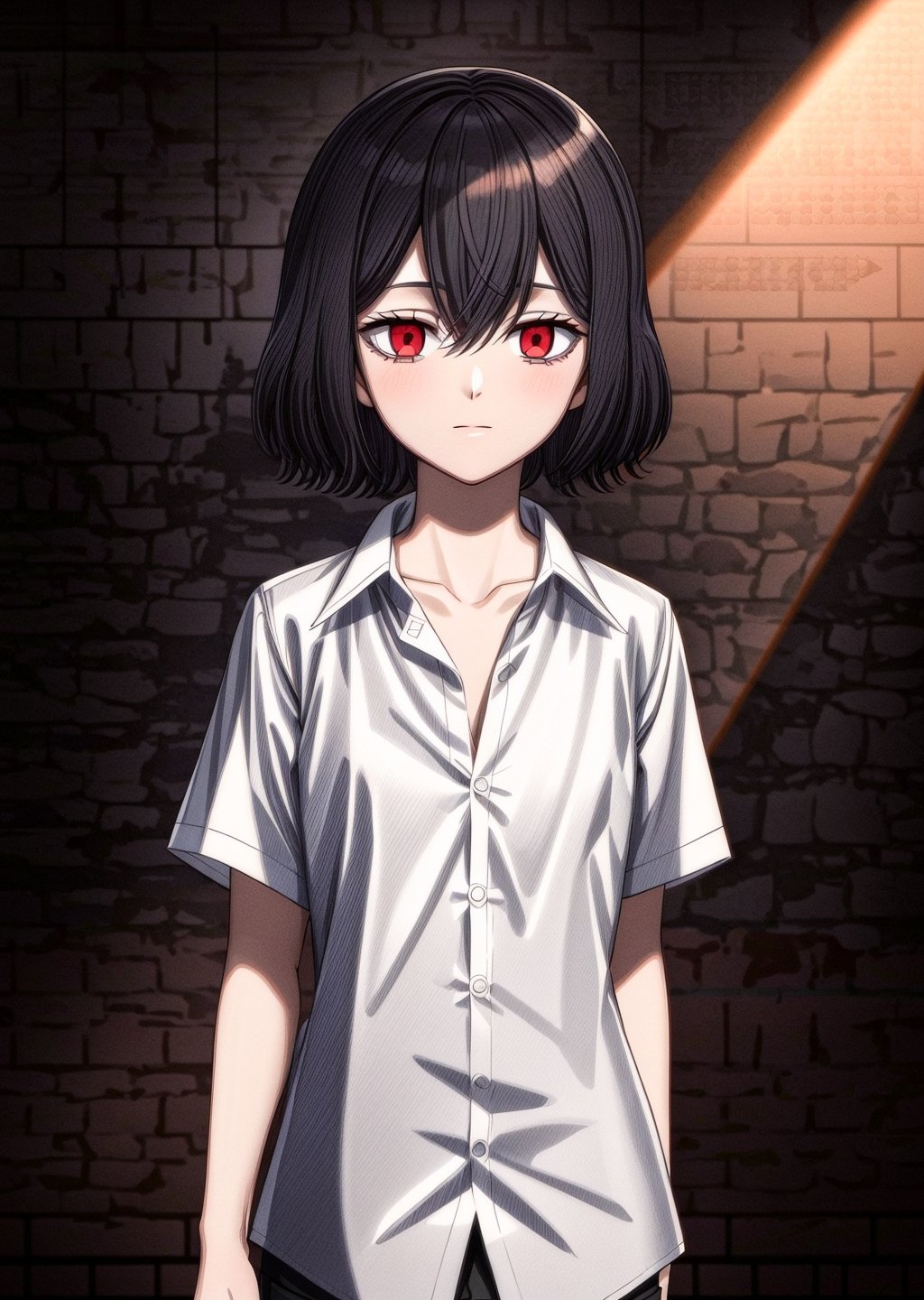 ((masterpiece)), ((Better quality)), 1girl, short black hair, Secre, ((black cipher, small cipher):1.2), Red eyes. | {clothes}: ((loose white shirt):1.2).