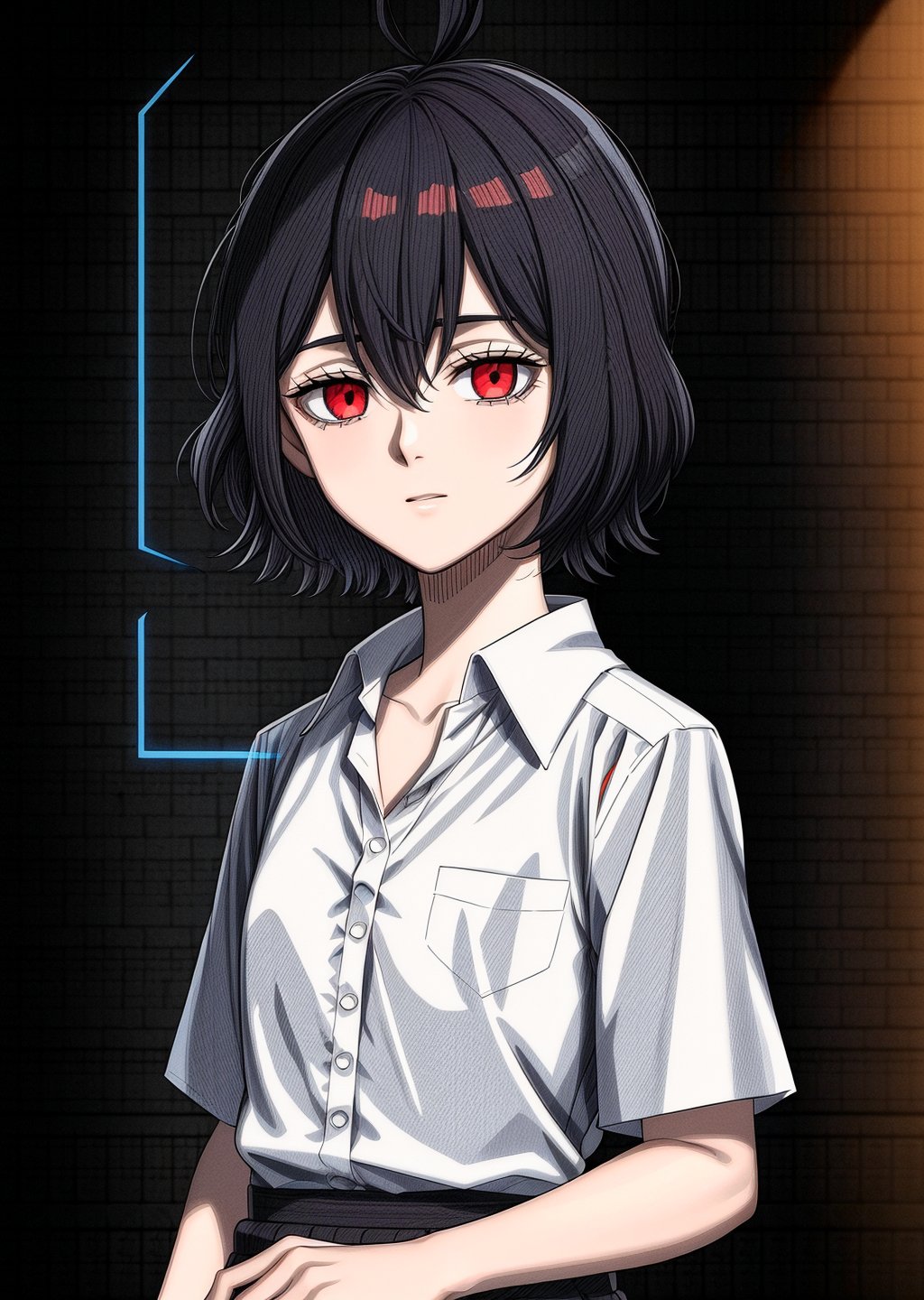 ((masterpiece)), ((Better quality)), 1girl, short black hair, Secre, ((black cipher, small cipher):1.2), Red eyes. | {clothes}: ((loose white shirt):1.2).