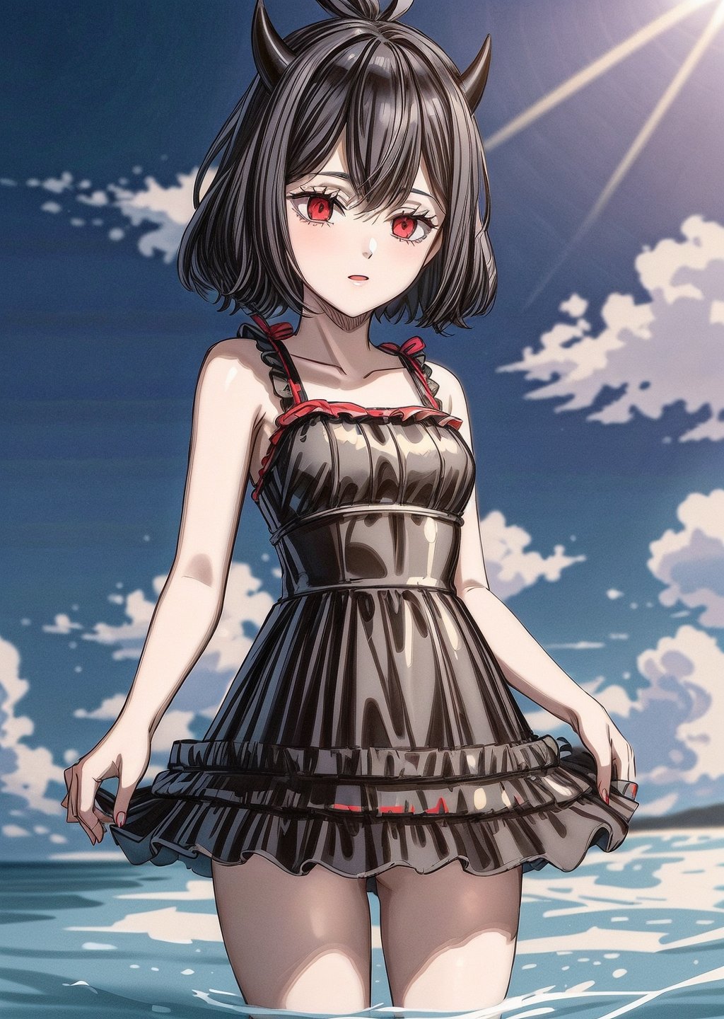 ((masterpiece)), ((Better quality)), 1girl, short black hair, Secre, small black horn, Red eyes. | {clothes}: (bathing suit).