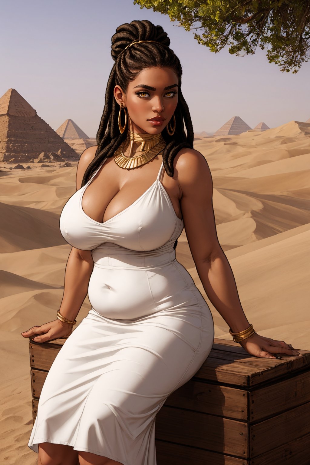 egyptian landscape, desert, fantasy, masterpiece
BREAK
medium shot of light brown skin woman, huge breasts, plump, sitting on wooden box looking at viewer, loose fit white dress, cleavage, dreadlocks, hair bun, jewelry, gold lipstick, yellow eyes,midjourney