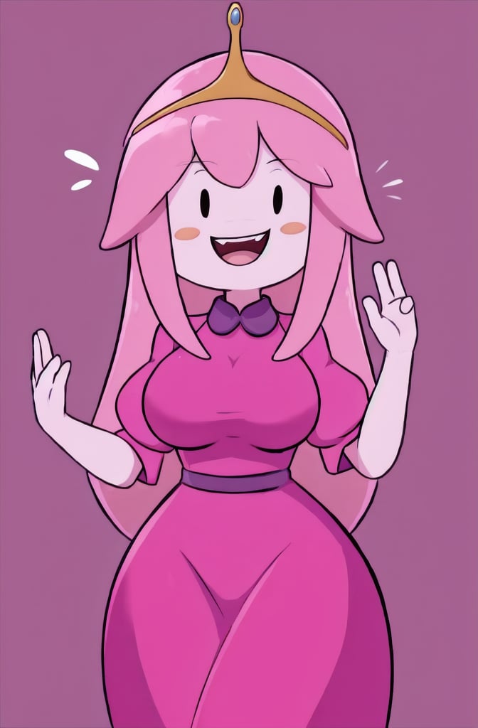 1girl, solo, long hair, breasts, looking at viewer, smile, open mouth, simple background, gloves, dress, very long hair, pink hair, short sleeves, teeth, puffy sleeves, black, dot eyes, puffy short sleeves, hands up, colored skin, blush stickers, crown, pink dress, purple dress, white skin, pink skin, simple face, 