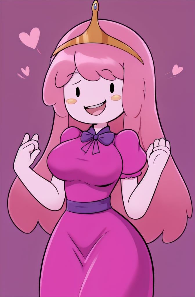 1girl, solo, long hair, breasts, looking at viewer, smile, open mouth, simple background, gloves, dress, very long hair, pink hair, short sleeves, teeth, puffy sleeves, black, dot eyes, puffy short sleeves, hands up, colored skin, blush stickers, crown, pink dress, purple dress, white skin, pink skin, simple face, 