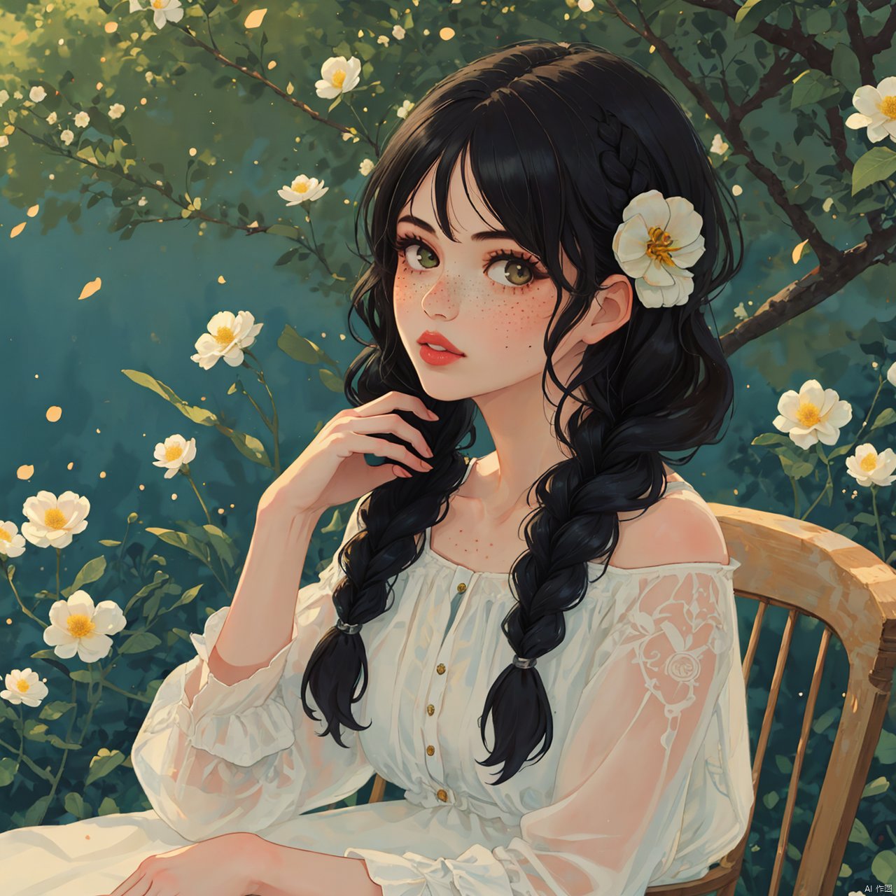 mLD, 1girl, solo, black hair, long hair, chair, flower, braid, tree, sitting, hair ornament, lips, realistic, hair over shoulder, single braid, freckles, hair flower, dress, outdoors, upper body, looking at viewer