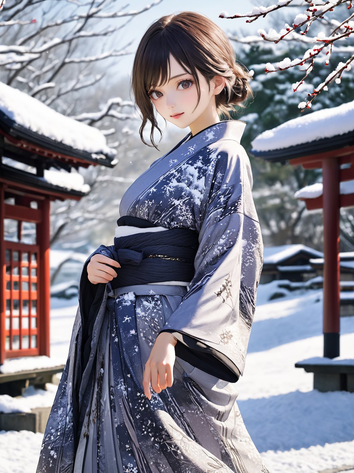 //Quality,
photo r3al, detailmaster2, masterpiece, photorealistic, 8k, 8k UHD, best quality, ultra realistic, ultra detailed, hyperdetailed photography, real photo
,//Character,
1girl, solo, cowboy_shot, looking_at_viewer
,//Fashion,
kimono
,//Background,
Kyoto, outdoors, winter, snow
,//Others,
goodbye,2b-Eimi